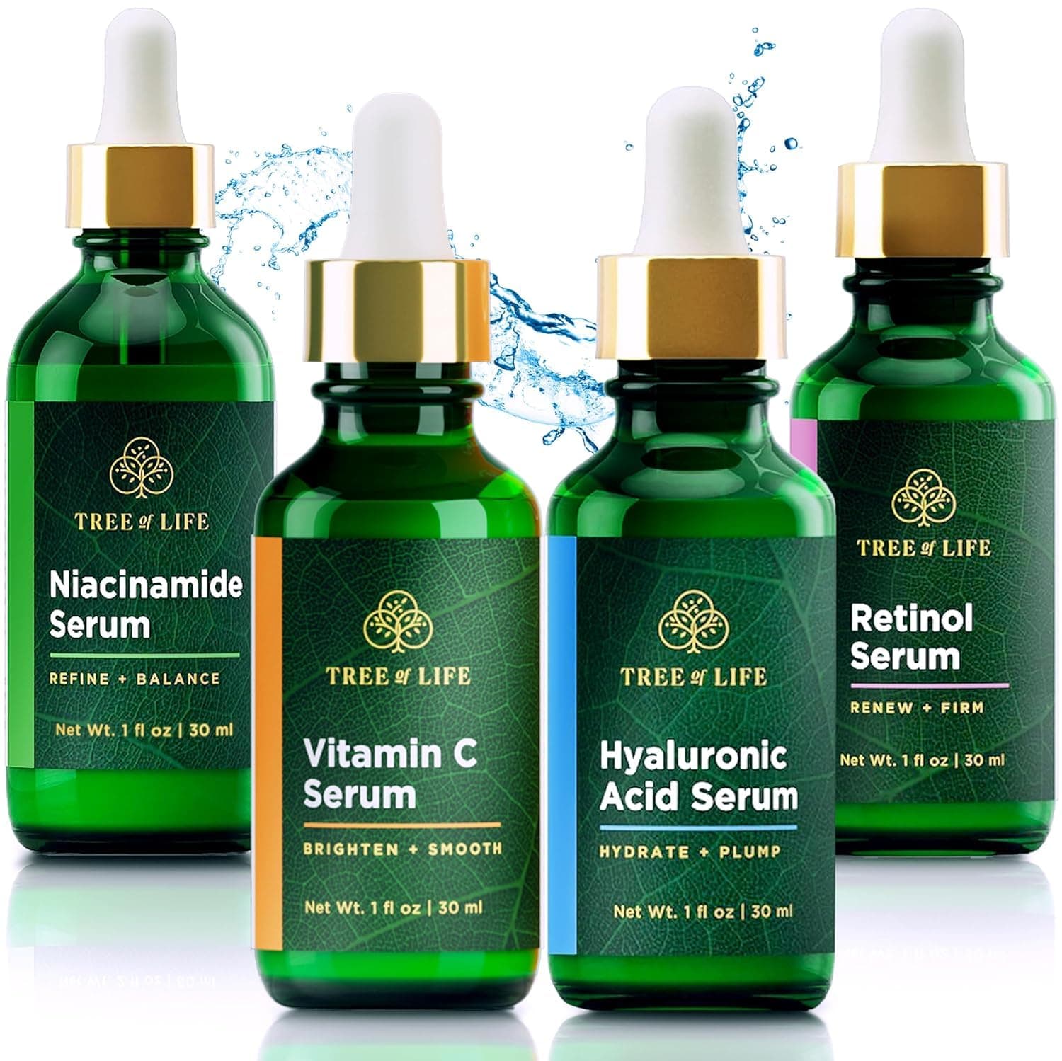 Tree of Life Beauty Facial Skin Care Set, Brightening, Firming & Hydrating Face Serums for Sensitive Skin - Niacinamide, Vitamin C, Retinol & Hyaluronic Acid, Dermatologist Tested, 1 Fl Oz (Pack of 4)