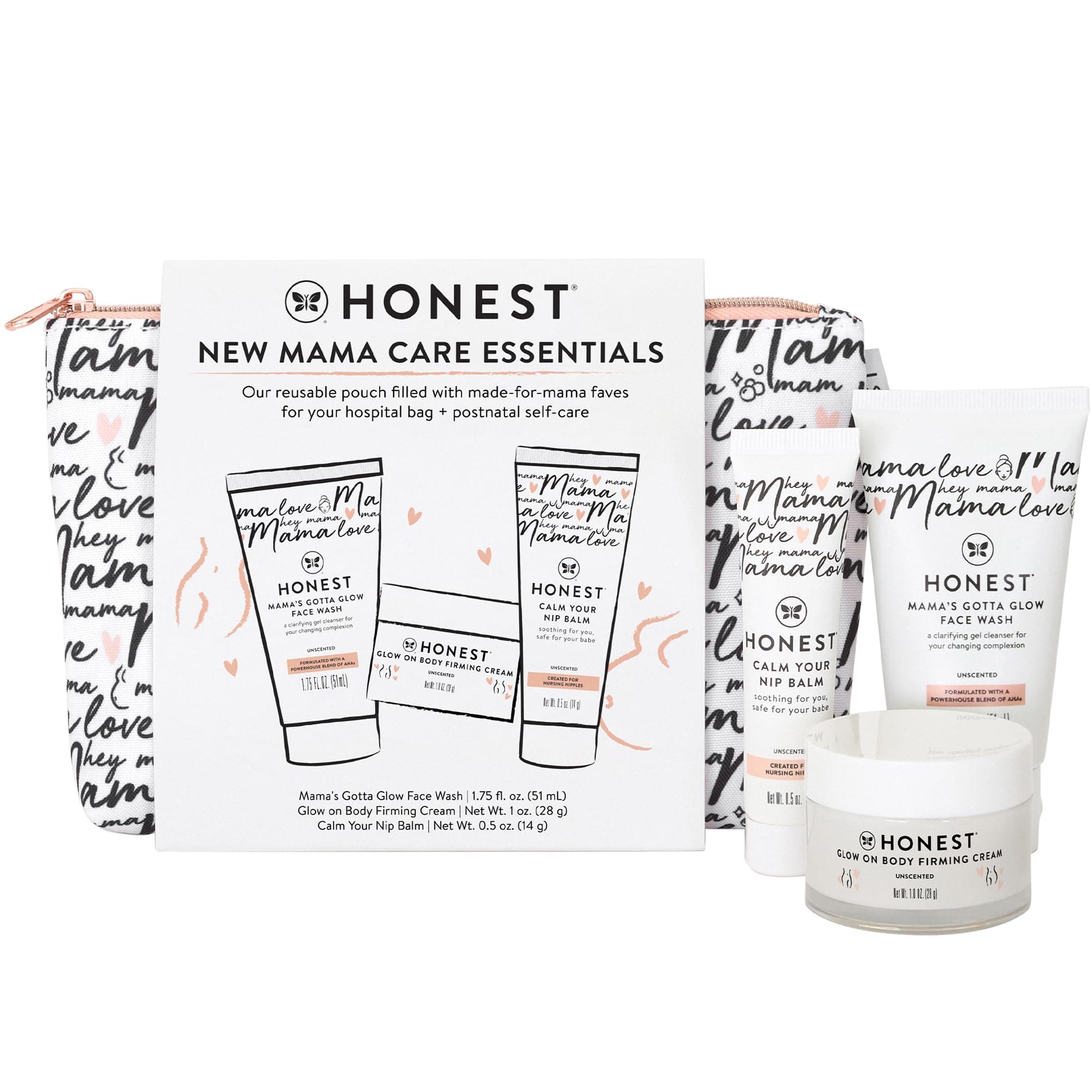 The Honest Company New Mama Care Essentials Gift Set - Nip Balm 0.5 oz, Glow On Body Cream 1 oz, Gotta Glow Face Wash 1.75 fl oz