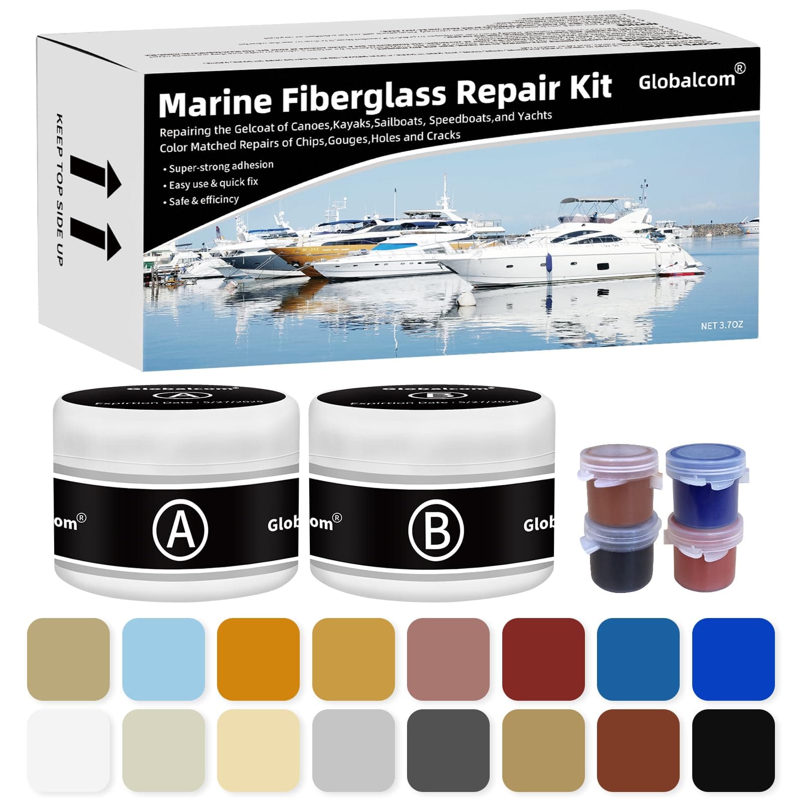 Globalcom Fiberglass Boat Repair Kit, Gel Coat Repair Kit for Boats, Marine Fiberglass Repair Kit for Boats, Epoxy Filler for Boats, Fiberglass Repair Kit Fix Holes Chips Pit Cracks (Color Match)