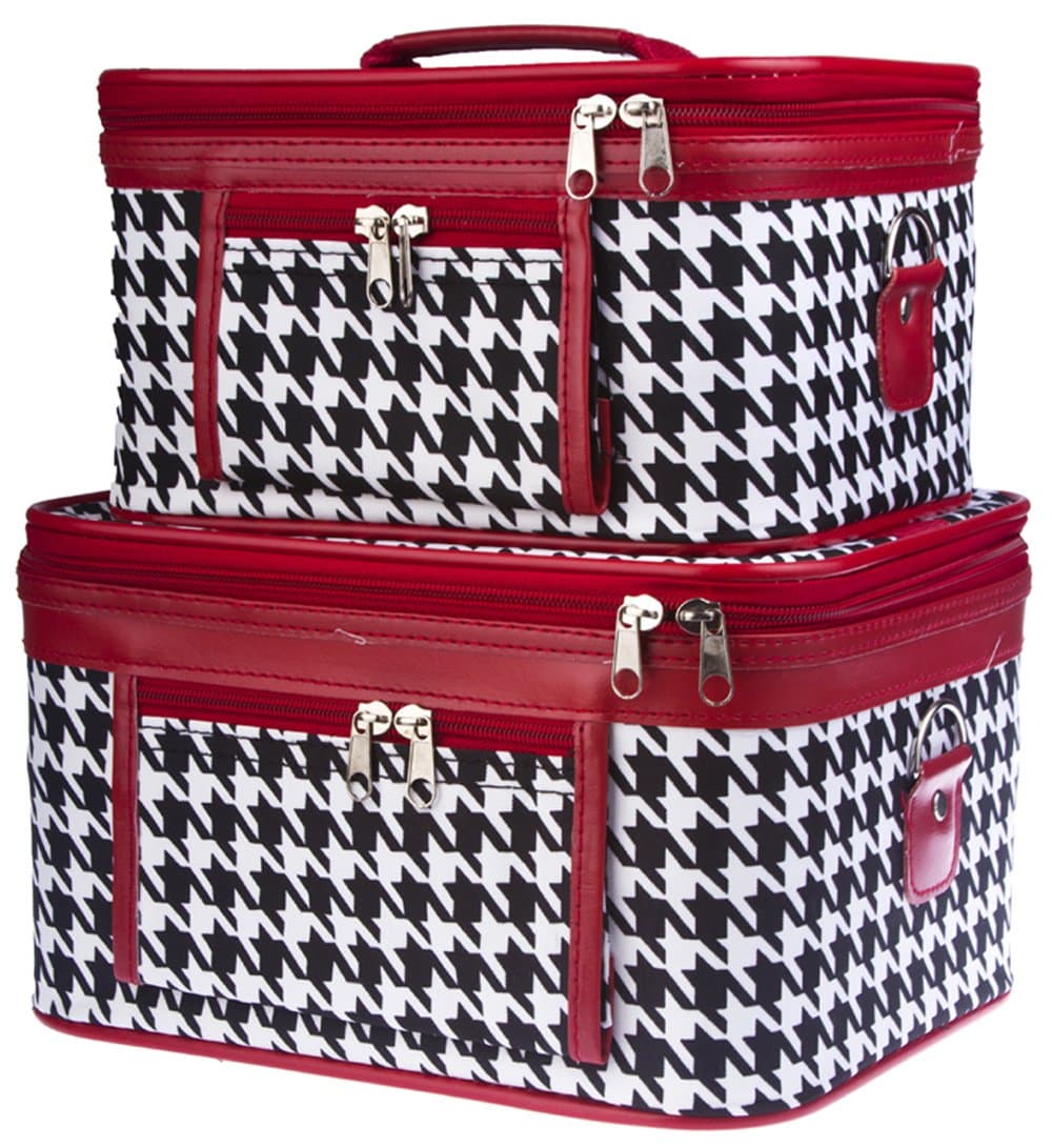 World Traveler 2-Piece Houndstooth Cosmetic Train Case Set, Black and White with Red Trim