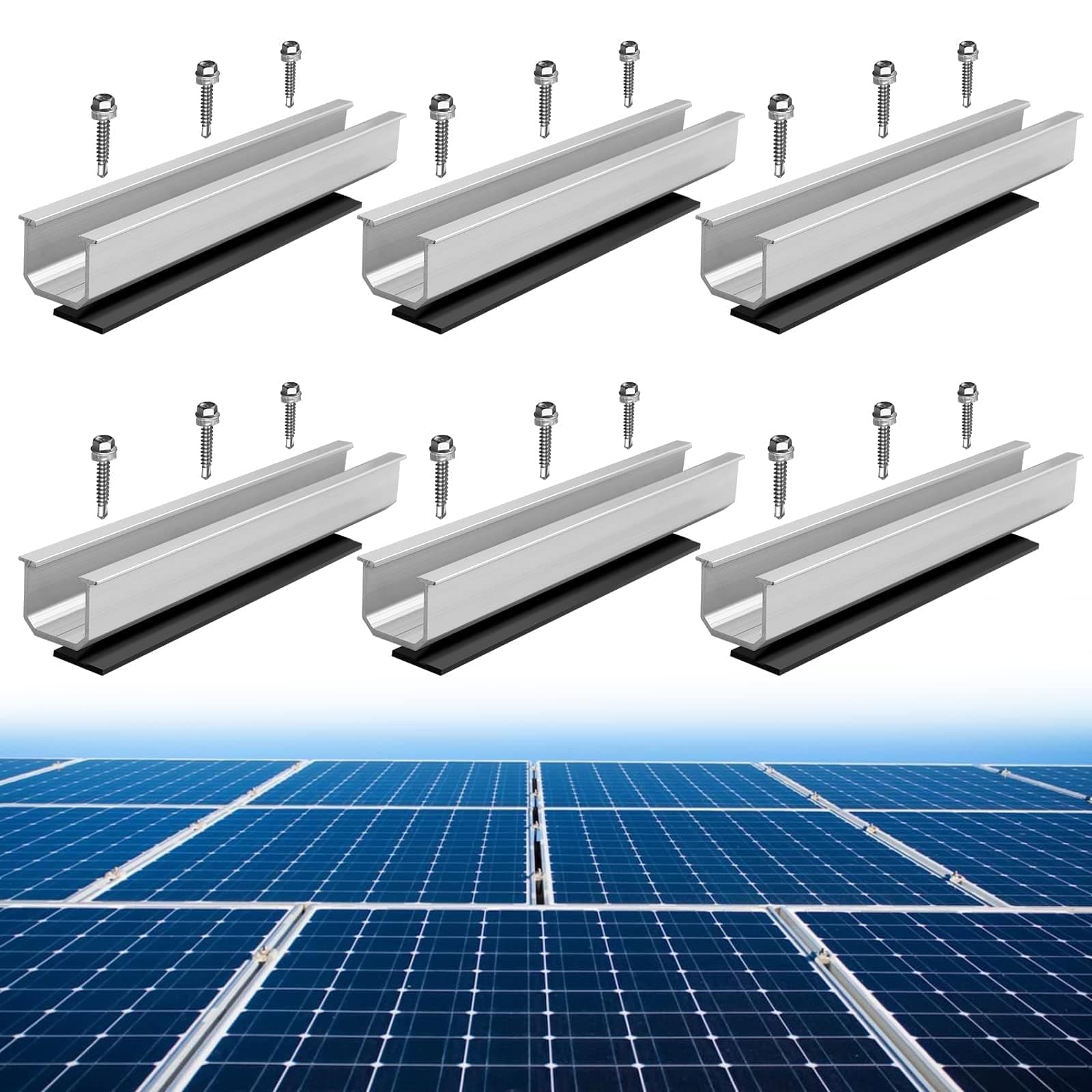 Solar Panel Mounting Brackets, 6 Pcs 200mm Aluminum Mounting Rail Include M5.5*30mm Screws + Rubber Pads, Solar Panel Holder Mounting Set for Tin Roof, Flat Roof, Sheet Roof, Metal Roof