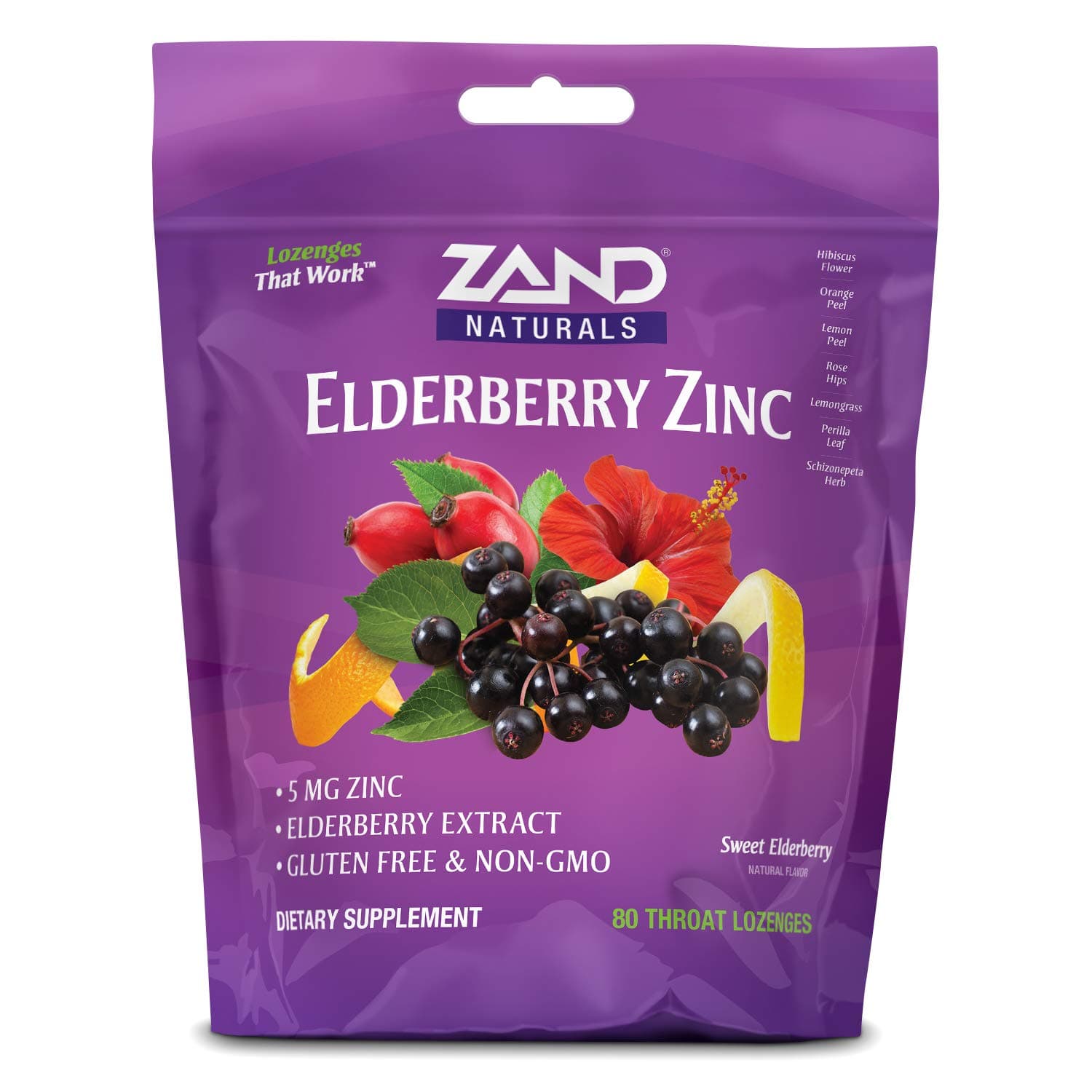 Zand HerbaLozenge Elderberry Zinc Lozenges for Dry Throats, No Artificial Sweeteners, No Corn Syrup, No Cane Sugar, No Colors, 80 Count