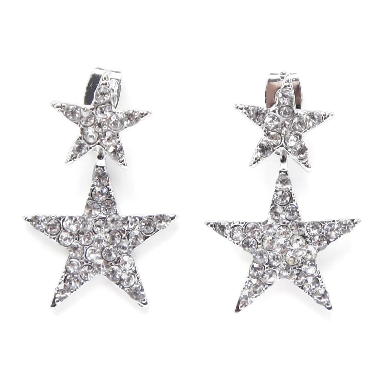 El Vincere Luxury Double Rock Star Silver Colored Crystal Earrings