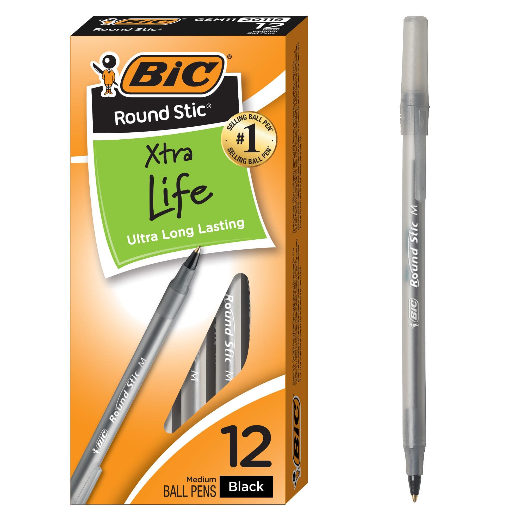BIC Round Stic Xtra Life Ball Pen - Pack of 12, Black