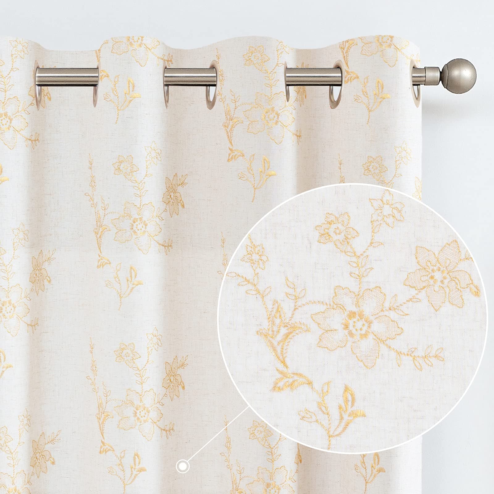 Topick Gold Linen Curtains Farmhouse Floral Embroidered Curtains Grommet Drapes for Bedroom Living Room 63 inch Long 2 Panels Gold