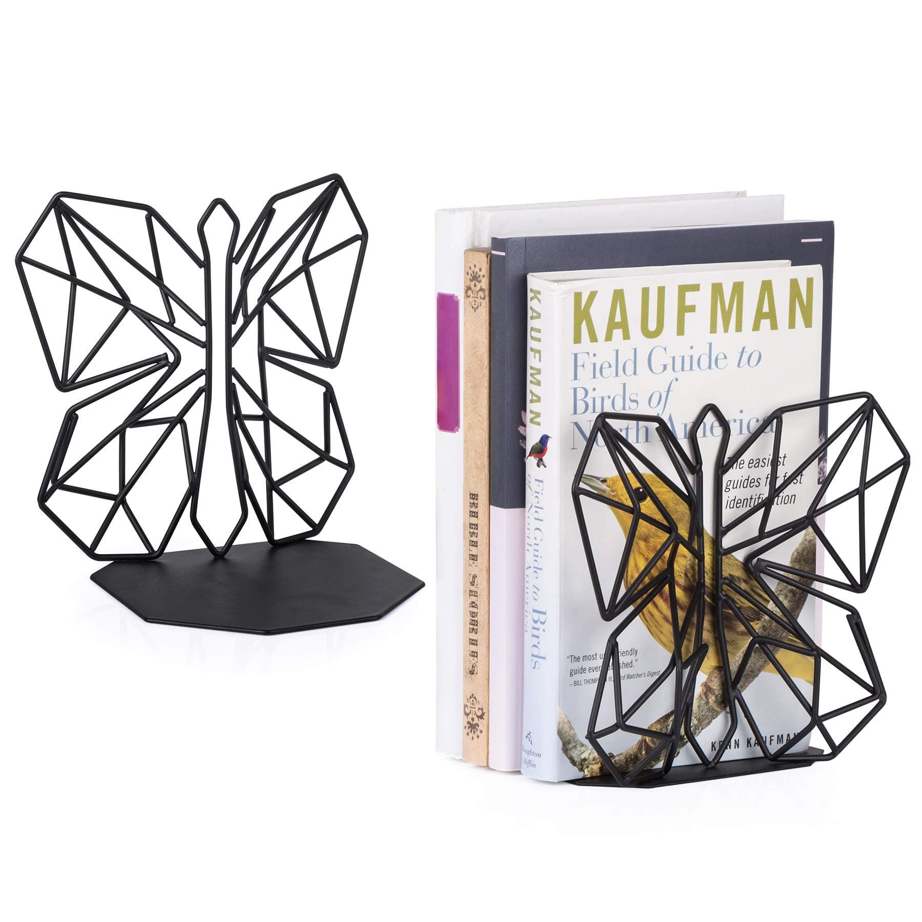 Alsonerbay Bookends Geometric Decorative Metal Book Stoppers Abstract Creative Book Supports, Book Holders for Shelves, Butterfly Book Ends for Office 1 Pair (Black)