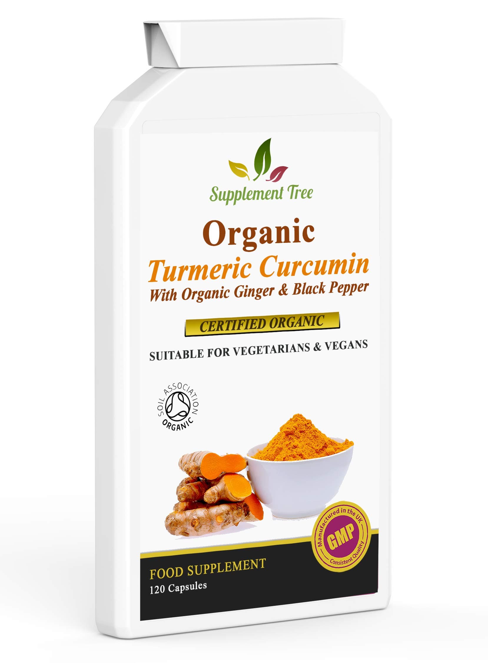 Organic Turmeric Curcumin with Organic Ginger & Black Pepper 120 Capsules | Highest Potency Tumeric Supplement | Soil Association Certified