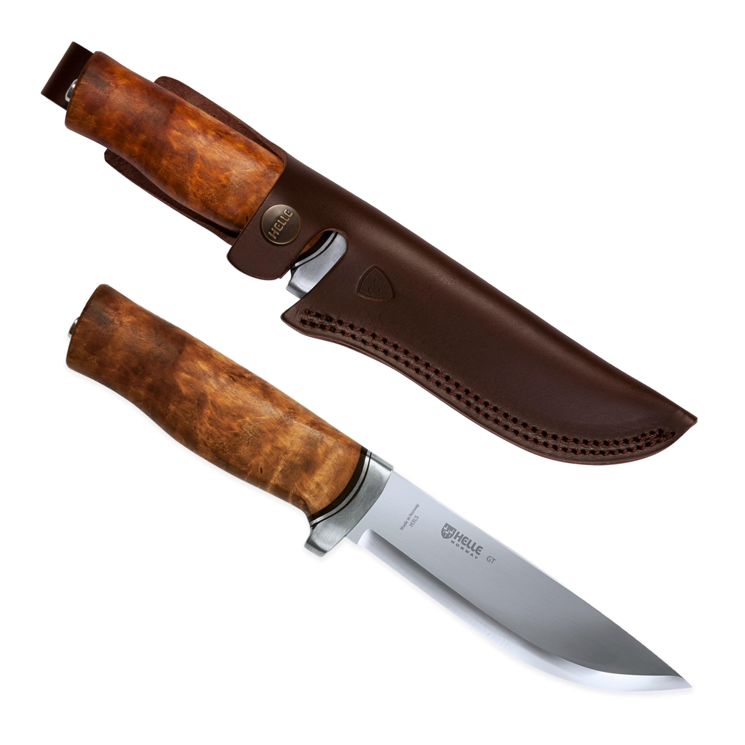 HELLE Knives - GT -Triple Laminated Stainless Steel, Outdoor Camping Knife, Stick Tang Fixed Blade with Sheath, Curly Birch Handle, Made in Norway