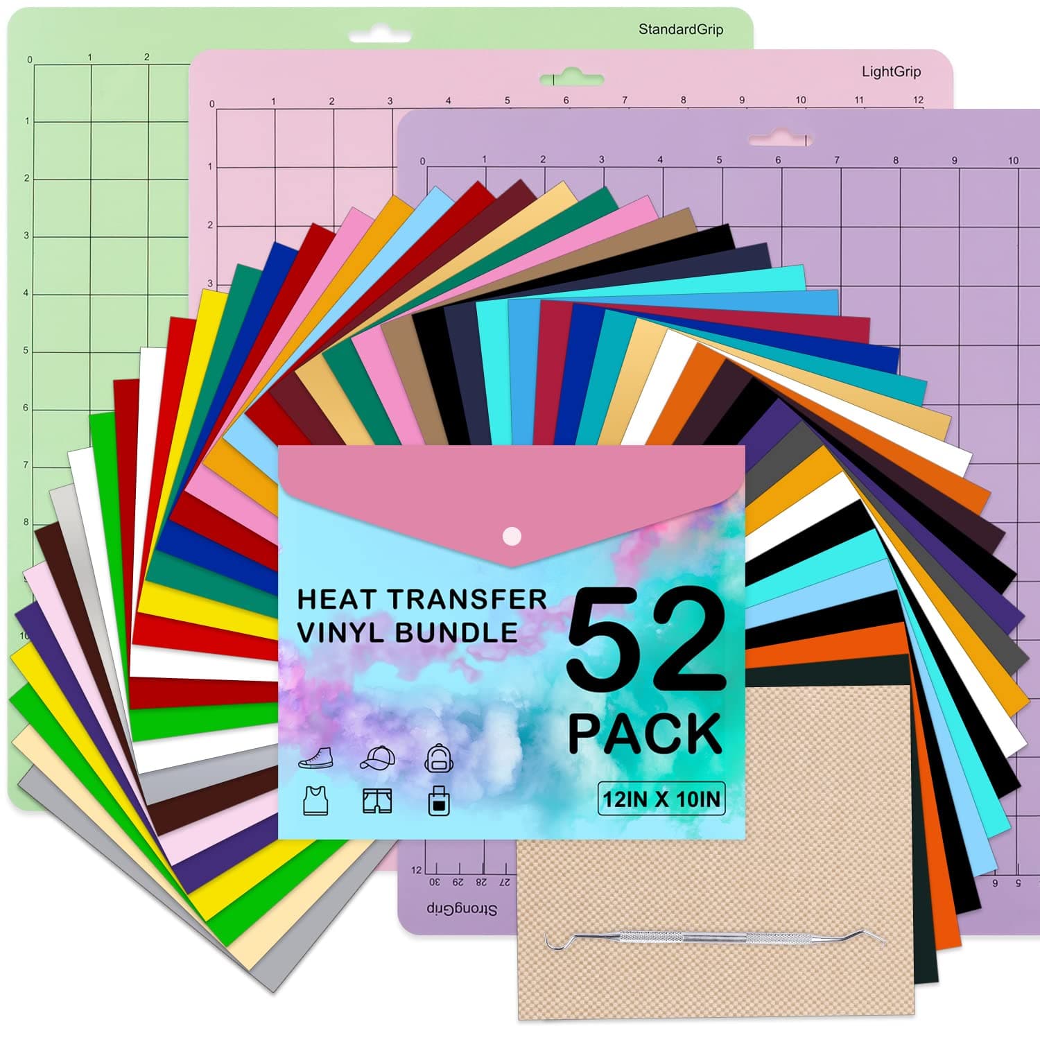 HTV Heat Transfer Vinyl Bundle: 52 Pack 12" x 10" Iron on Vinyl for T-Shirt, 30 Assorted Colors with HTV Accessories Tweezers, HTV Vinyl Sheets