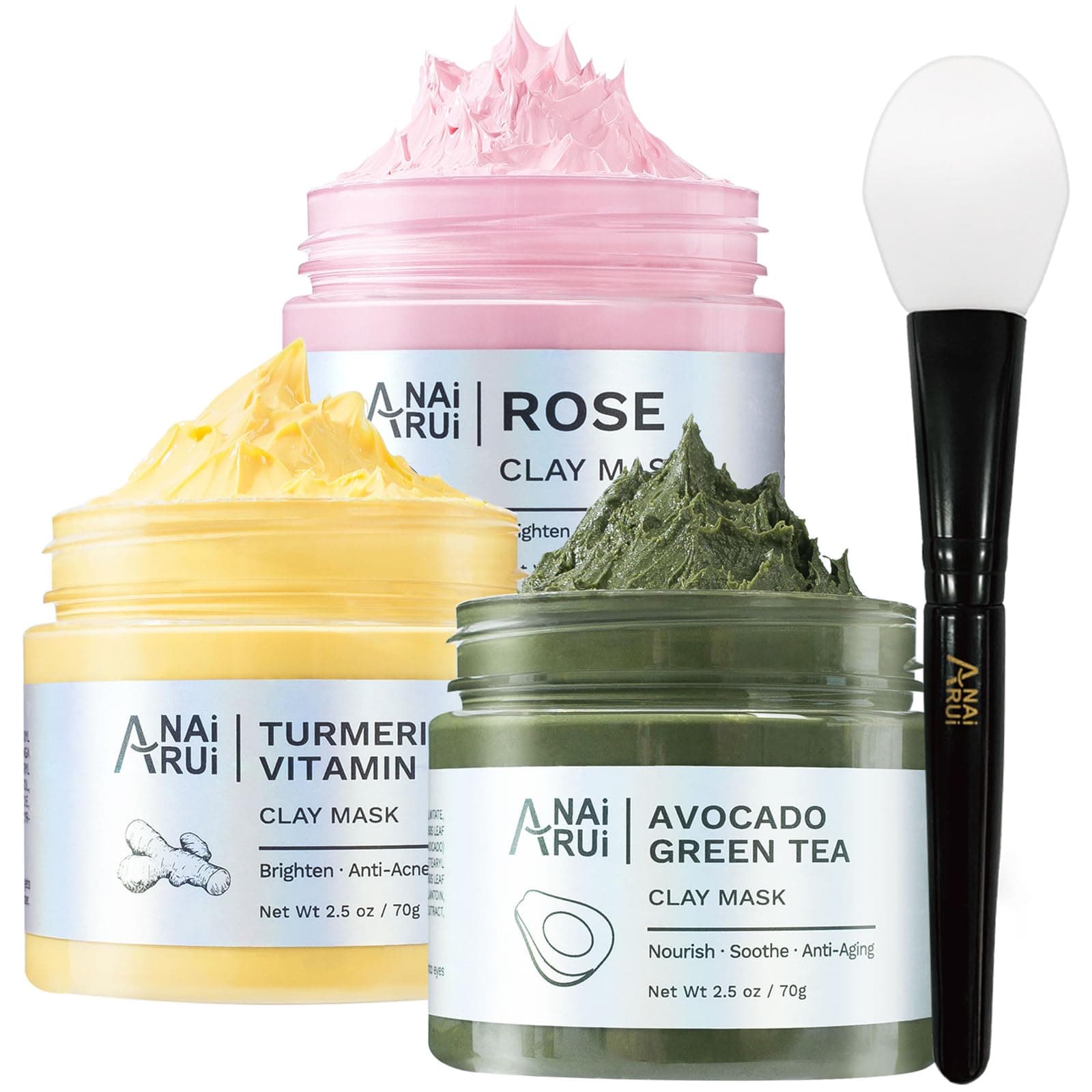 ANAI RUI Clay Mask Set (3x70g) – Rose, Turmeric Vitamin C & Avocado Face Mask for Dry & Sensitive Skin – Hydrating & Brightening Facial Spa Gift Set