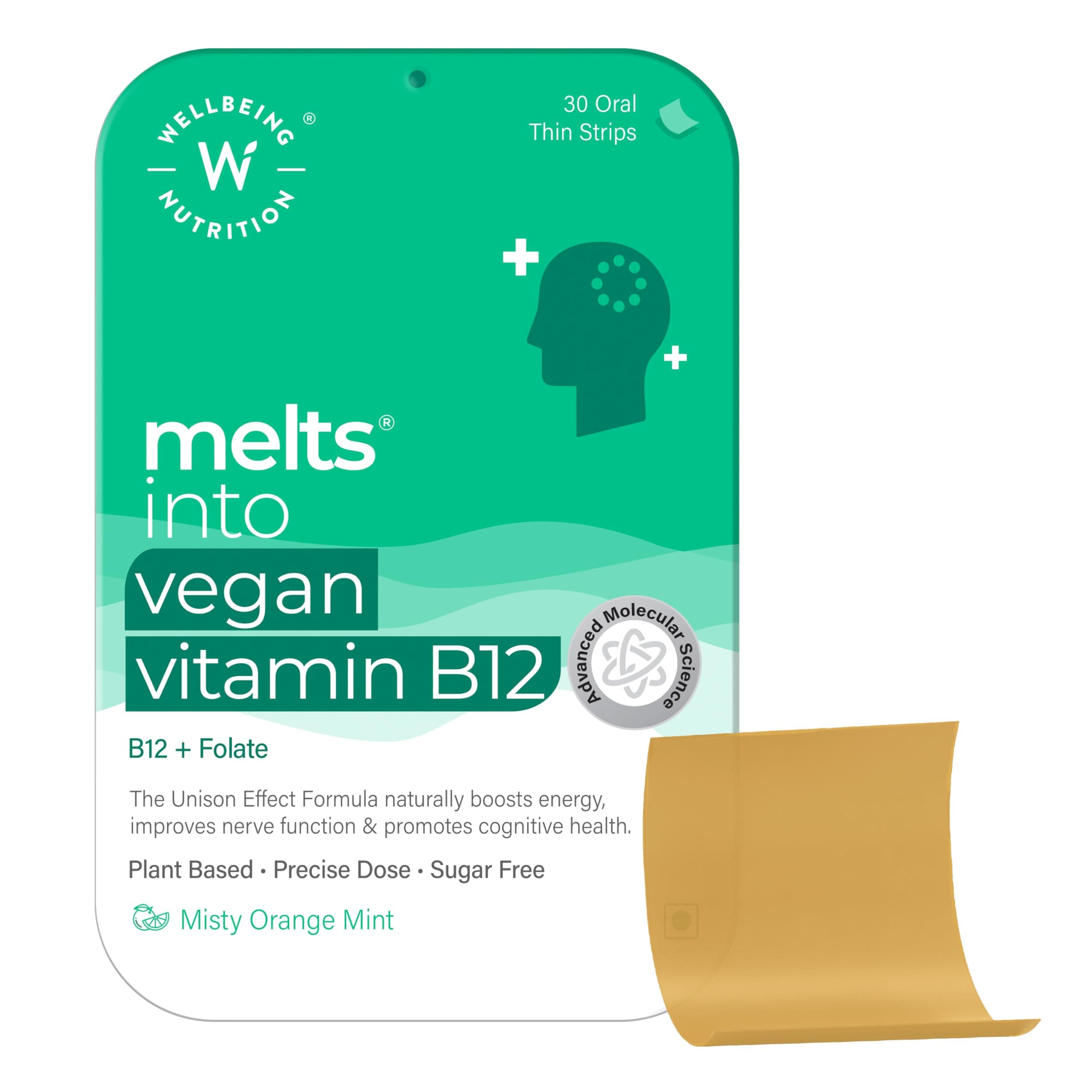 Melts Vegan Vitamin B12, Folate, Brahmi & Curcumin | For Memory, Brain, Heart & Nervous System Support | B12 supplement for Men & Women, 30 Oral Strips