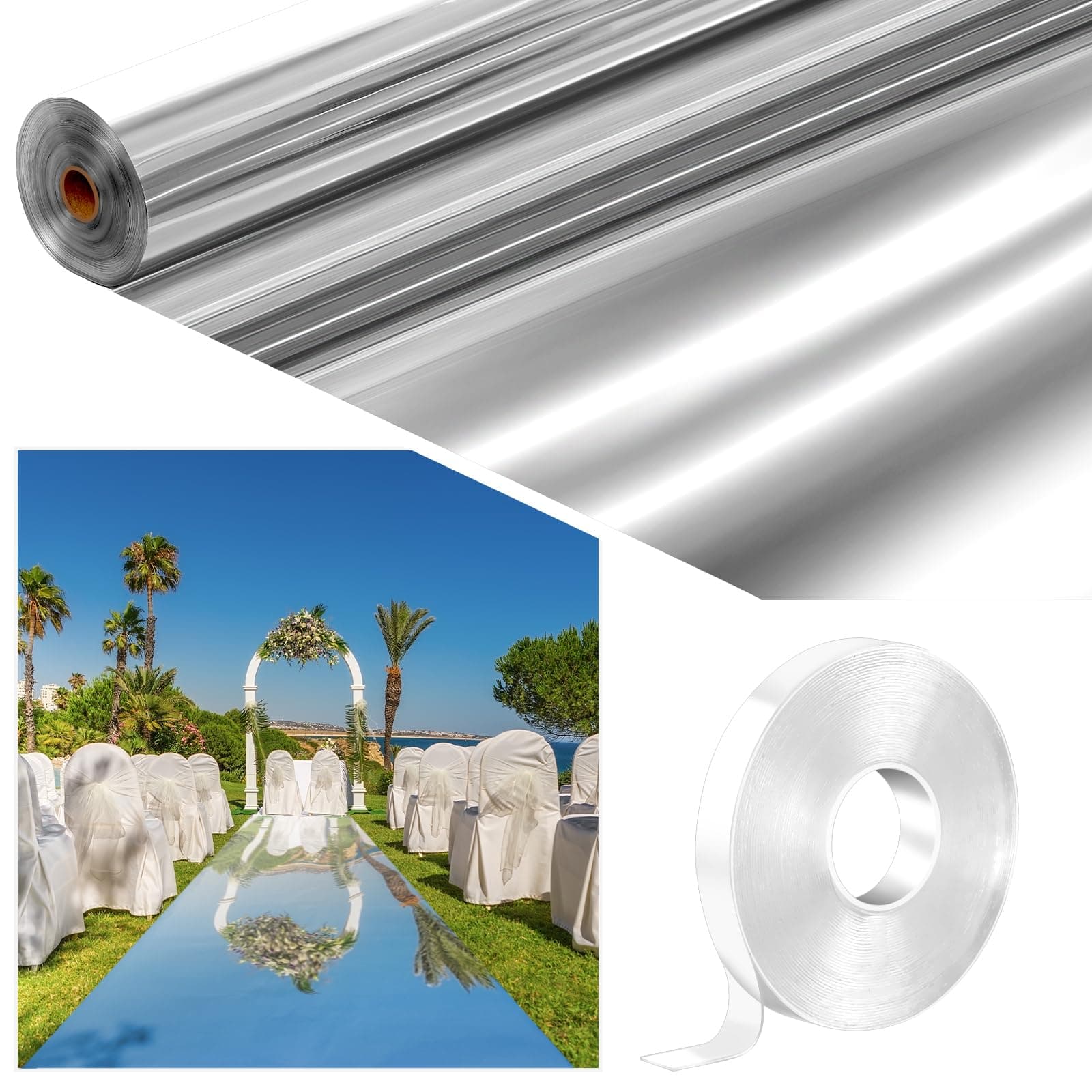 Tinideya 1 * 30M Double Sided Silver Carpet Runner for Prom, Reflective Mirror Aisle, for Wedding Ceremony, Wedding, Walkway Runner for Outdoor, Birthday, Home, Graduation, Party Decor