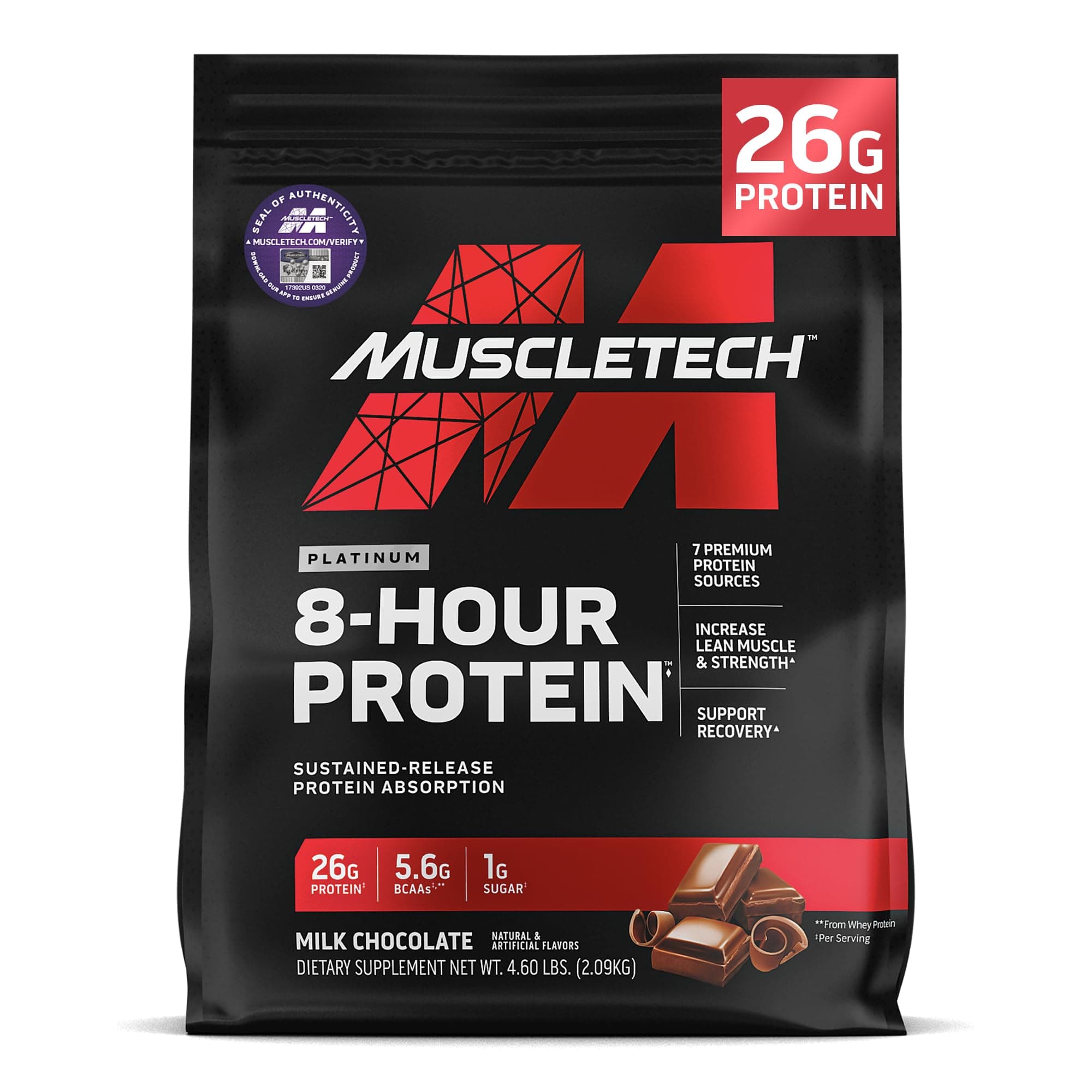 MuscleTech Platinum 8-Hour Sustained-Release Protein Absorption with Premium Blended High Biological Formula to Help Increase Muscle & Strength and Supports Recovery, Milk Chocolate Flavor 4.60 lbs