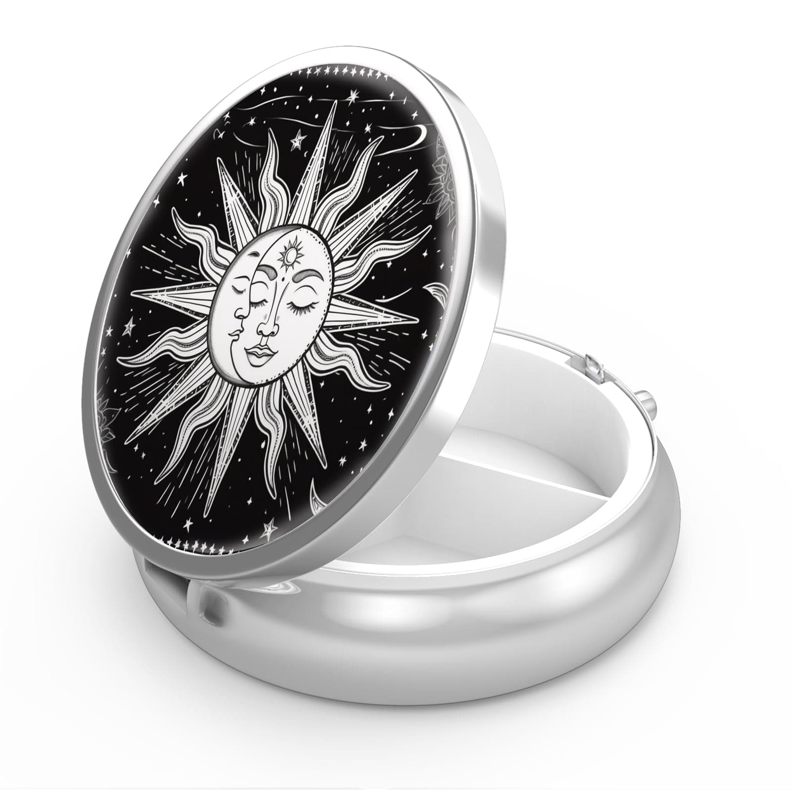 Pill Box 3 Compartment Medicine Pill Case,Portable Pill Box for Pocket or Purse Pill Box Decorative Metal Medicine Vitamin Organizer Unique Gift(Sun and Moon01)