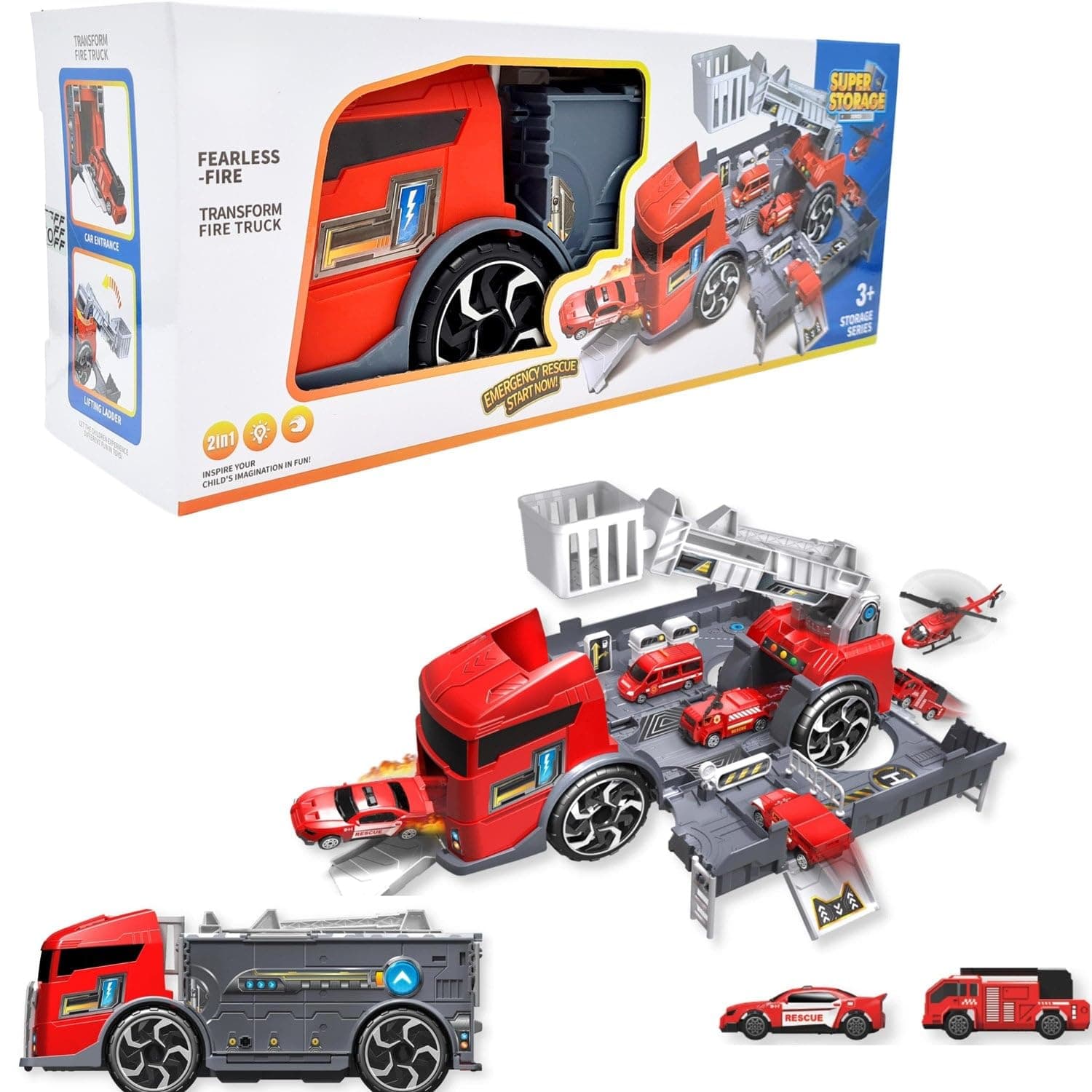 2 In 1 Large Firefighter Truck and Fire Station and 2 Die Cast Cars