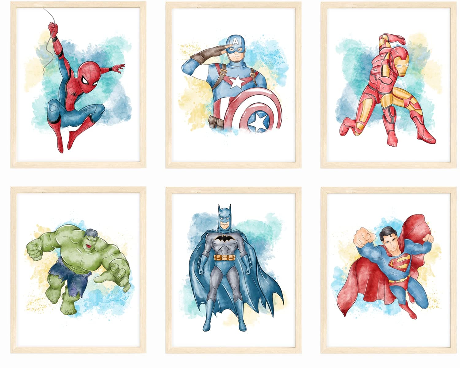 Superhero Wall Decor, Superhero Wall Art for Boys Bedroom, Avengers Prints, Set of 6 Prints, Iron Man, Spiderman, Captain America, Hulk, Batman, Superman, Unframed, 8x10 inches