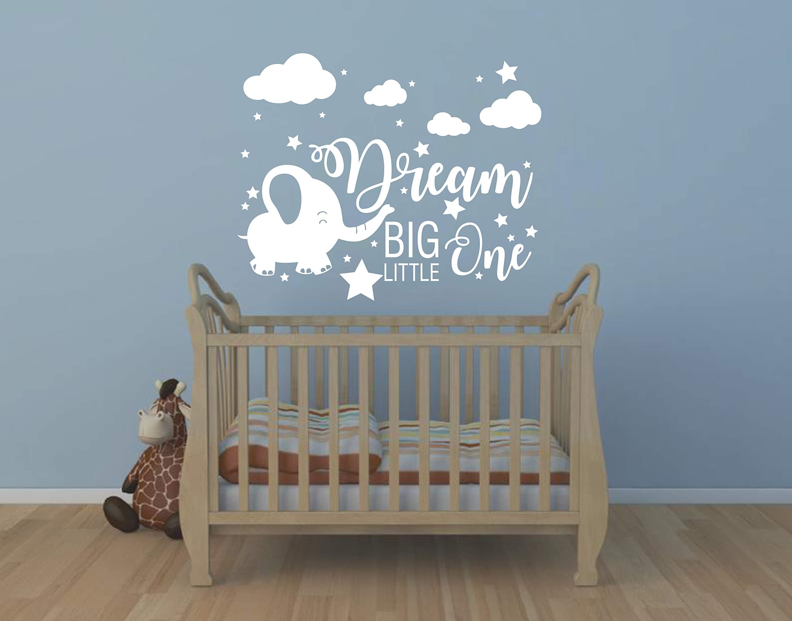 Yyart Elephant Nursery Wall Decal, Dream Big Little One Decal, Elephant Sticker, Baby Boy Girls Room Decor, Nursery Decals, Cloud and Star Nursery A42 (White)
