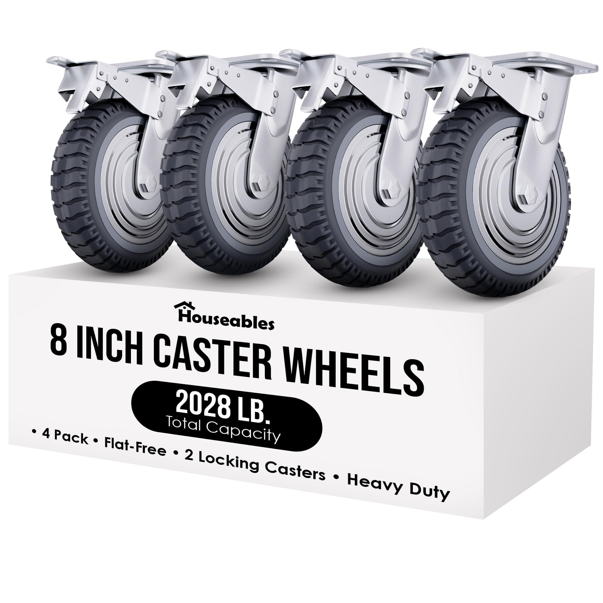 Houseables 8 Inch Caster Wheels, Large Caster Wheels, Heavy Duty Castors, Swivel Rubber Castor, Outdoor, Cart, Industrial, Replacement, Dolly, Off Road, All Terrain, Flat Free, Locking Brake, Set of 4