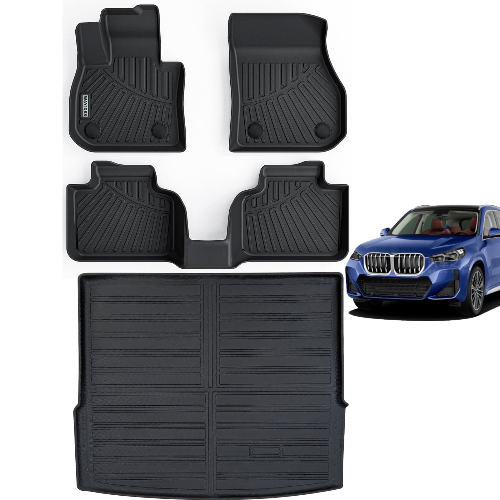 Floor Mats & Trunk Mat for BMW X1 2023 2024,TPE All Weather Protection 1st & 2nd Row Car Floor Liners with Cargo Liners Accessories-Black