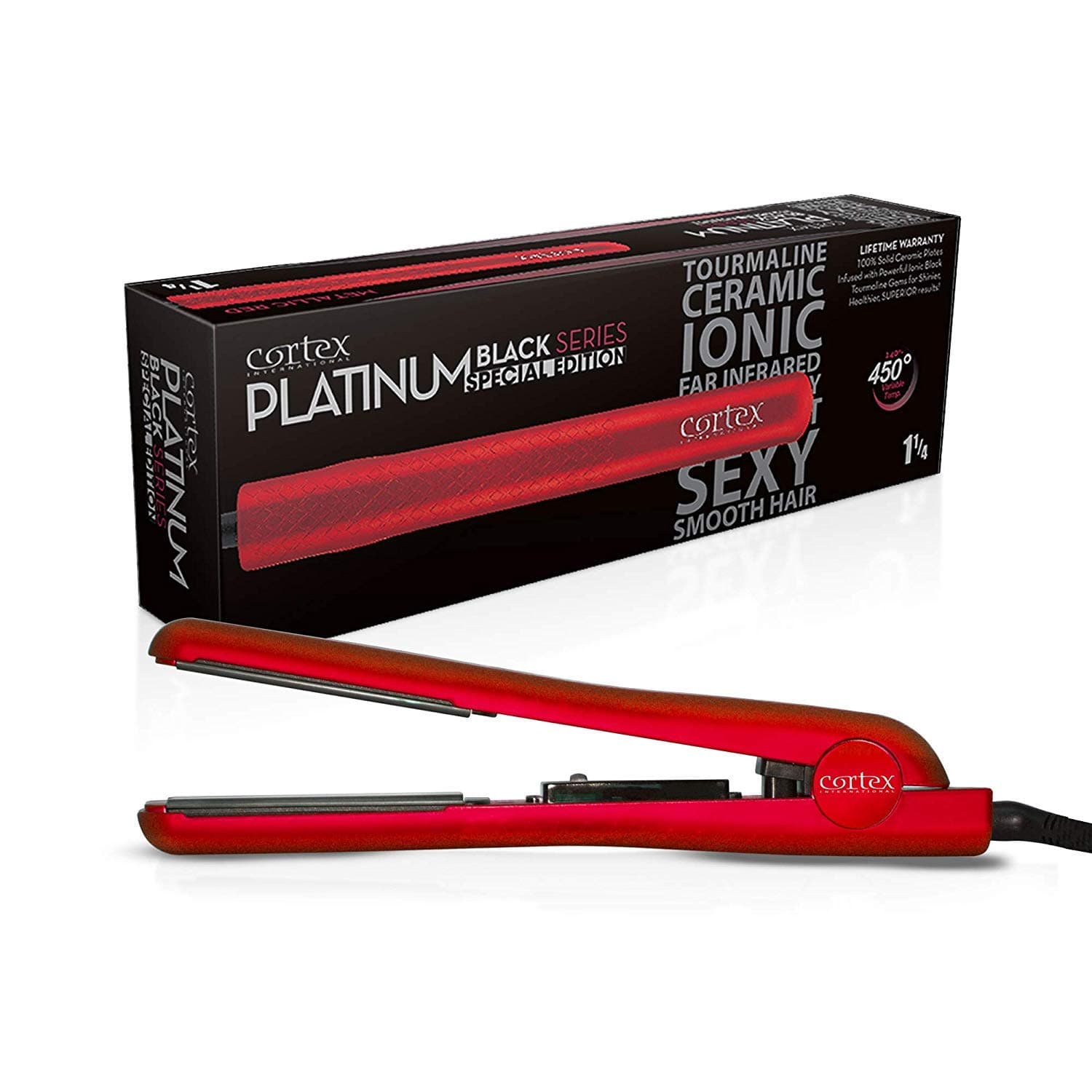 Cortex International Black Series Gemstone Infused Tourmaline Ceramic Plates 1.25 Inch Professional Flat Iron (Red Metallic)