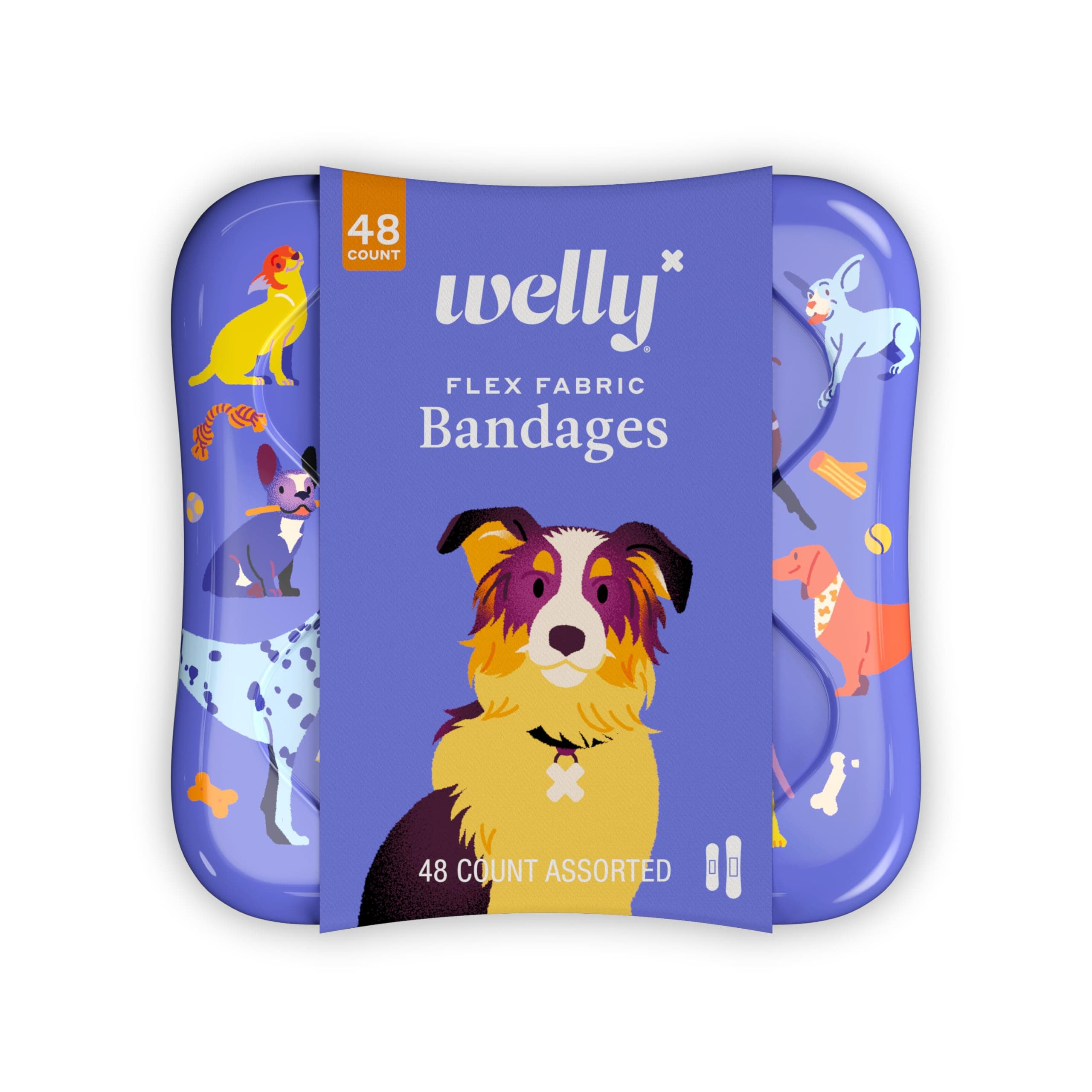 Bandages | Adhesive Flexible Fabric Bravery Badges | Assorted Shapes for Minor Cuts, Scrapes, and Wounds | Colorful and Fun First Aid Tin | Dogs Patterns - 48 Count