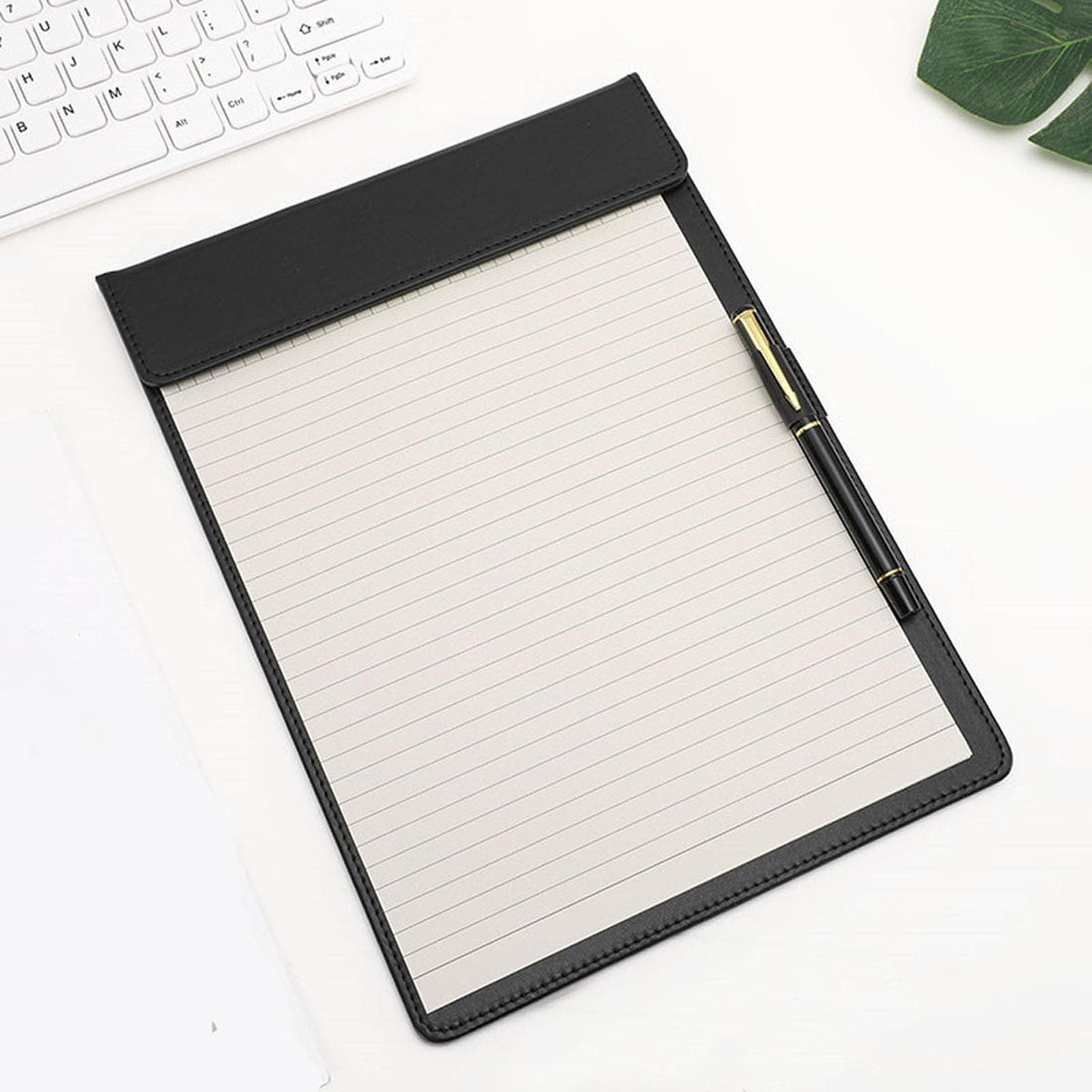 WELLYUK A4 Clipboard, 13" X 9" Office File Clip Folder Document Organizer Writing Pad Business Card Holder, Magnetic Conference Pad with Pen Holder PU Leather Black