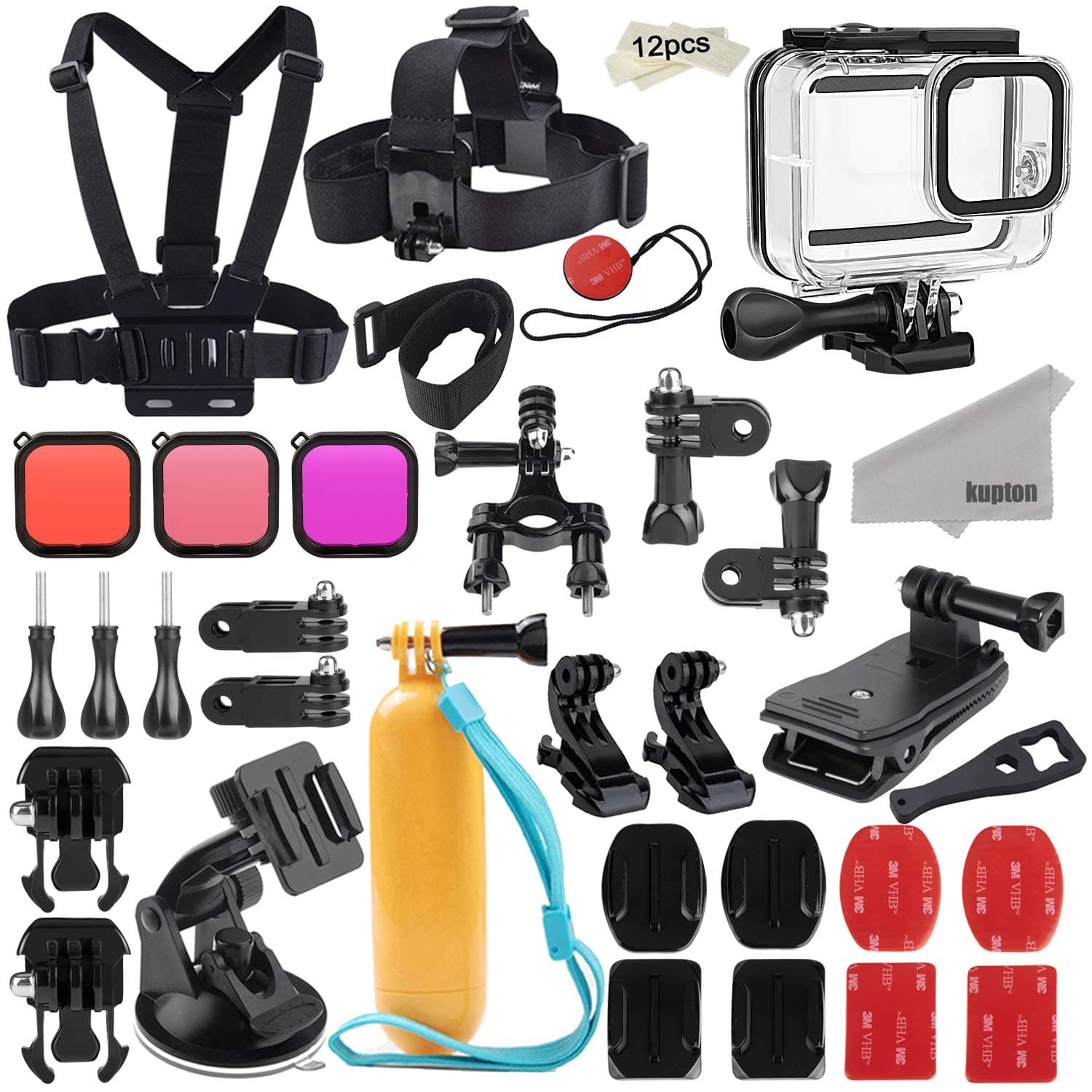 Kupton Accessories Kit for GoPro Hero 8 Black Accessory Bundle Set, Waterproof Housing Case + Filters + Head Chest Strap + Suction Cup Mount + Bicycle Mount + Floating Grip