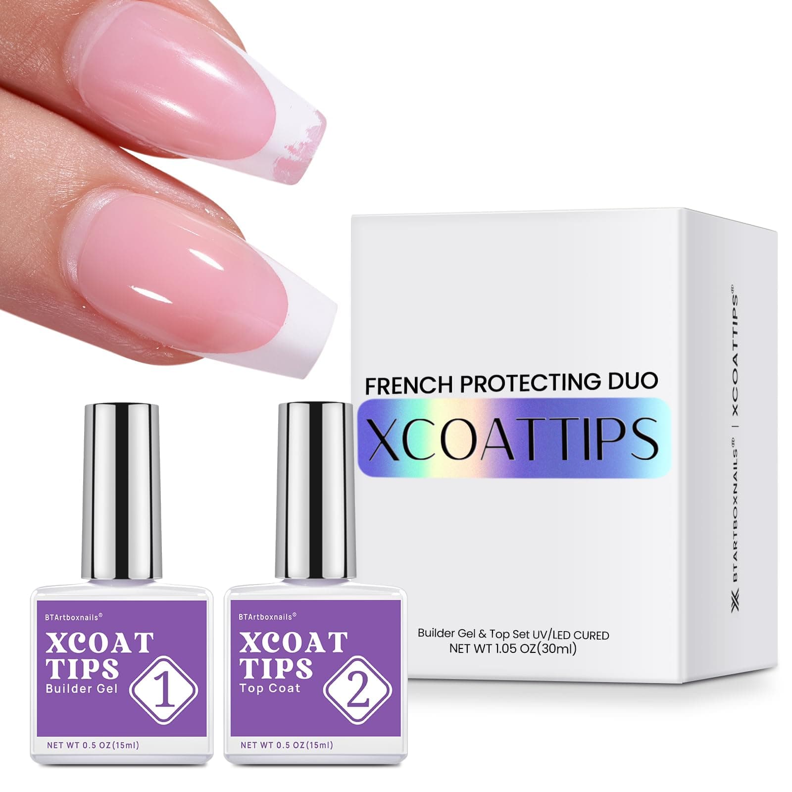 XCOATTIPS French Protecting DUO Builder Gel and Top Coat Set - Protect French Tips, No More Chipping
