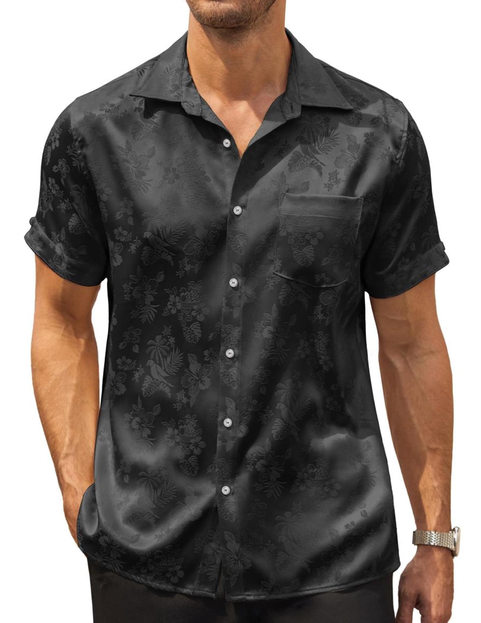 Men's Silk Button Down Short Sleeve Dress Shirt
