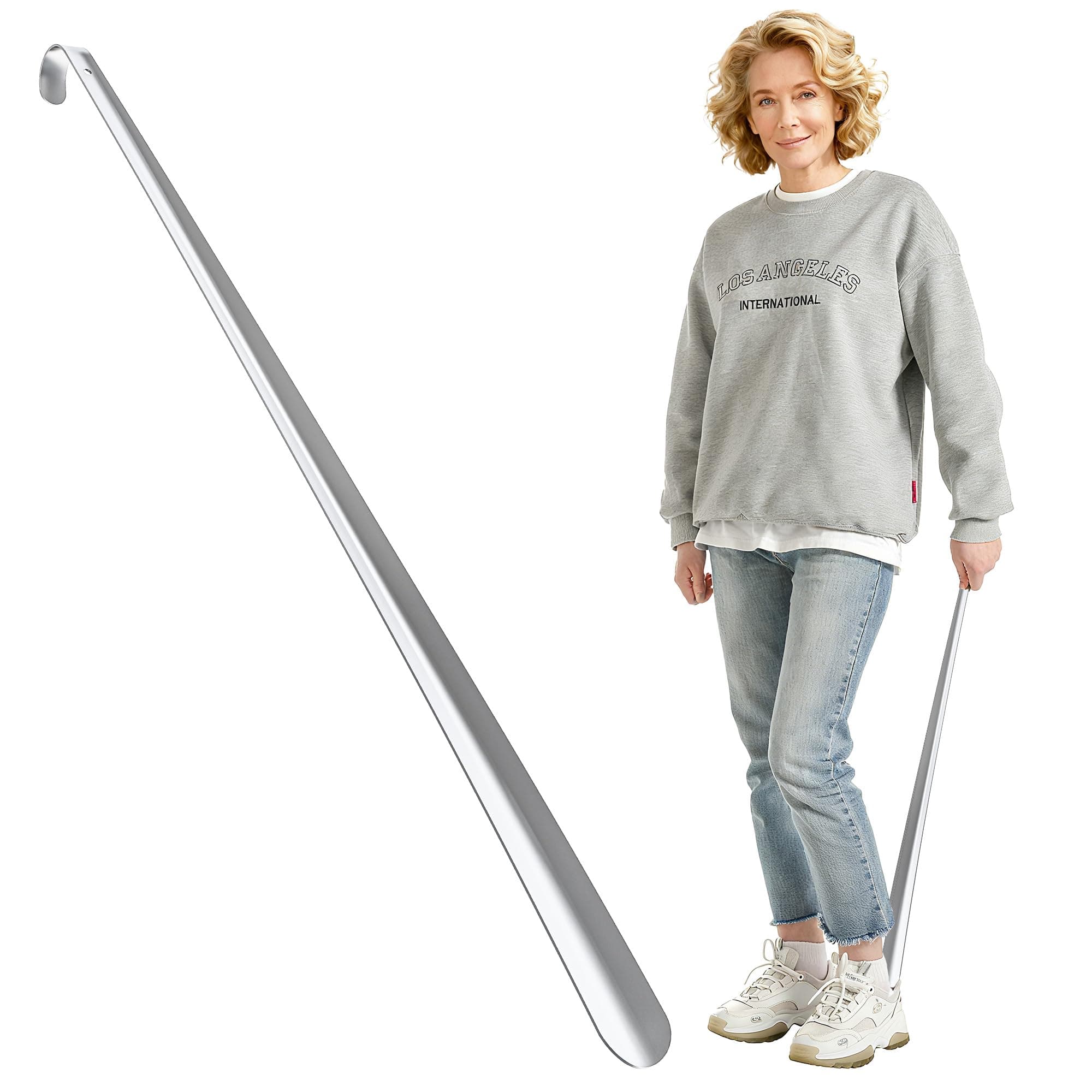 31.5 Extra Long Shoehorn,Stainless Steel Shoe Horn,Long Handle Durable Metal Boot Horn with Hook, Silver, Normal