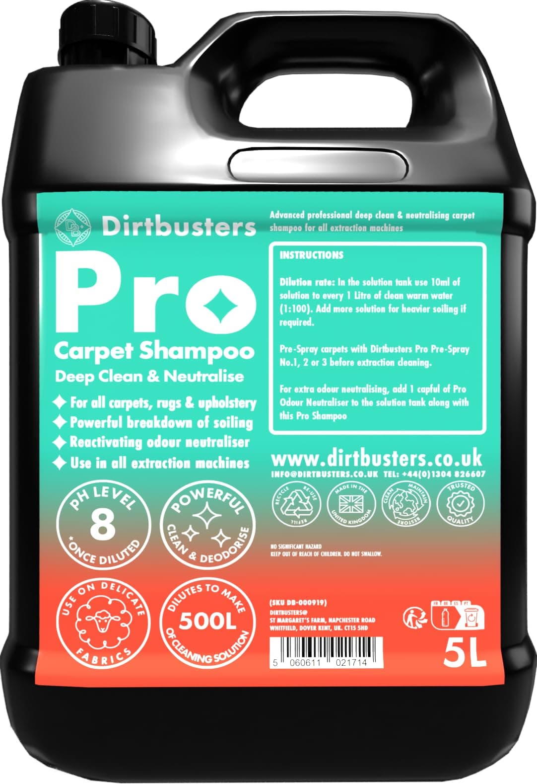 Dirtbusters Pro Carpet Cleaner Shampoo (5L) Deep Clean & Neutralise Powerful Professional Standard Cleaning Solution With Odour Neutraliser, For All Carpet Cleaner Machines