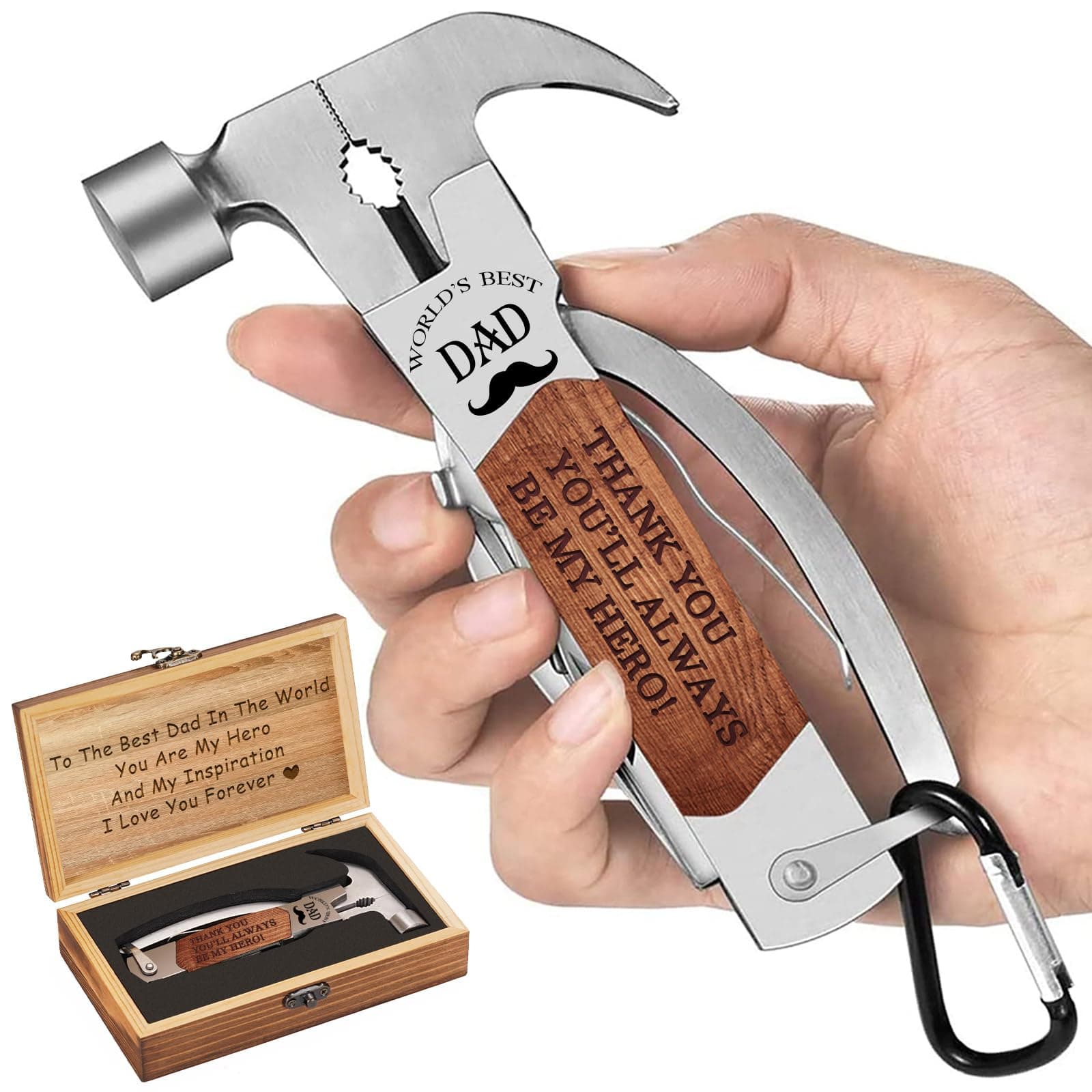 VeitorldGifts for Dad from Daughter Son Kids, Unique Birthday Gift Ideas for Men Stepdad Papa, All in One Tools Hammer Multitool with Engraved Wooden Box, Cool Gadgets(Dad are Hero)