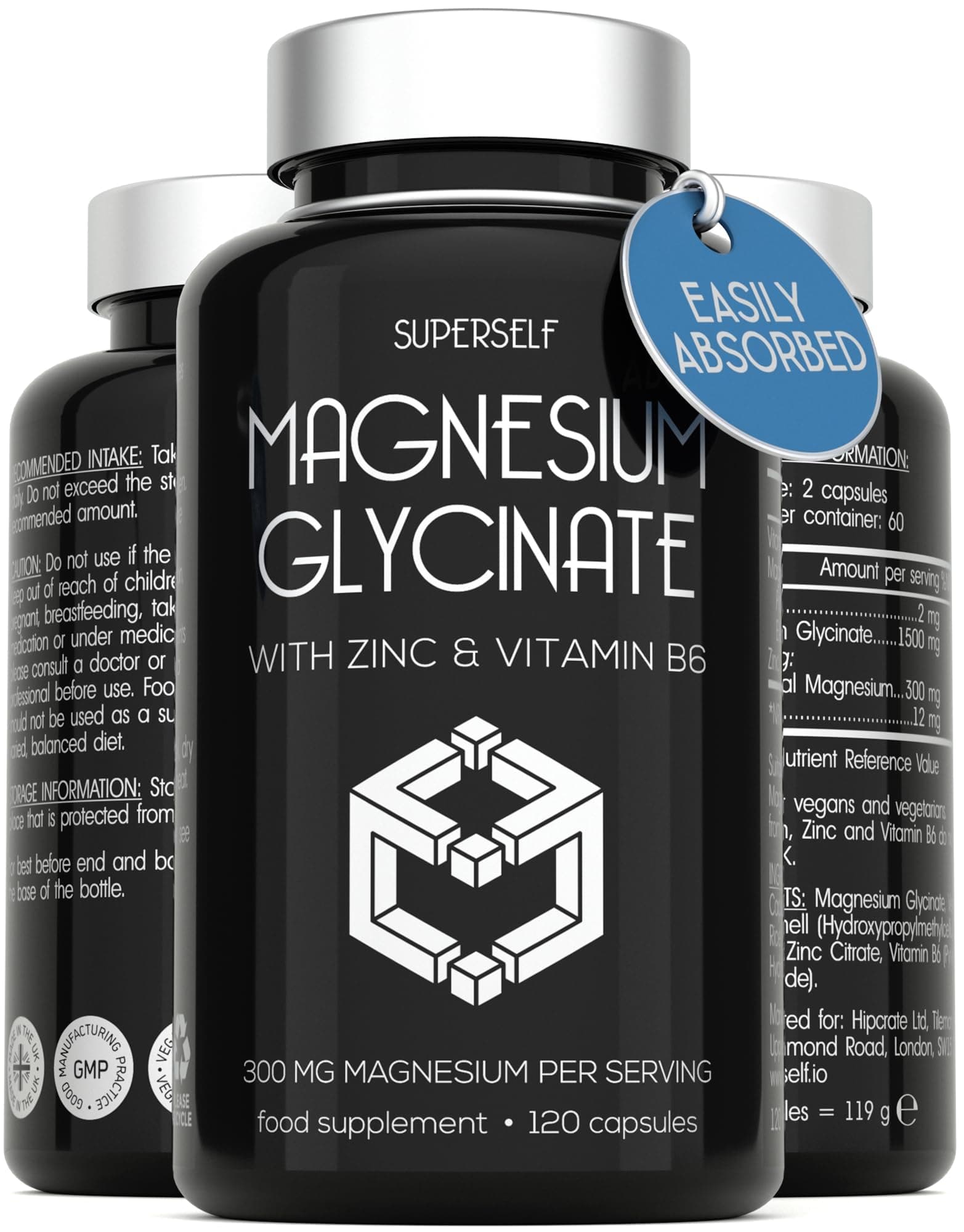 Magnesium Glycinate Supplement - 1500mg Magnesium Bisglycinate Capsules with Zinc & Vitamin B6-120 Tablets High Strength Complex - 300mg Chelated Supplement with Zinc - Advanced Absorption - UK Made