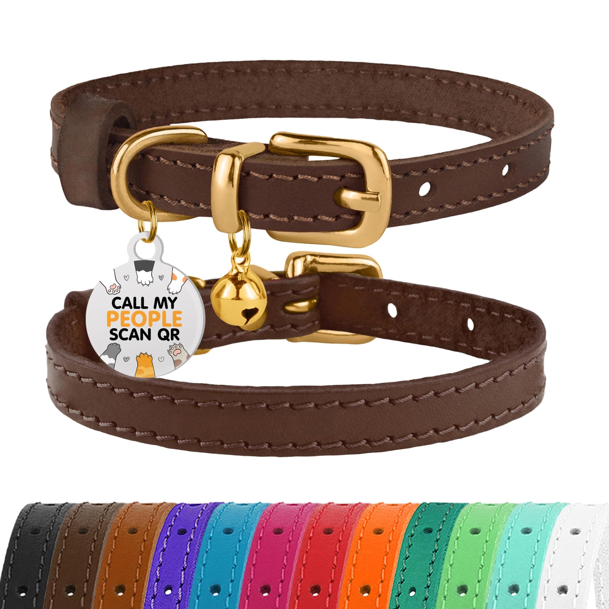 BRONZEDOG Leather Cat Collar with Removable Bells Non Breakaway Kitten QR Tag for Girl Boy (7" - 9" for Cats, Dark Brown & Gold)