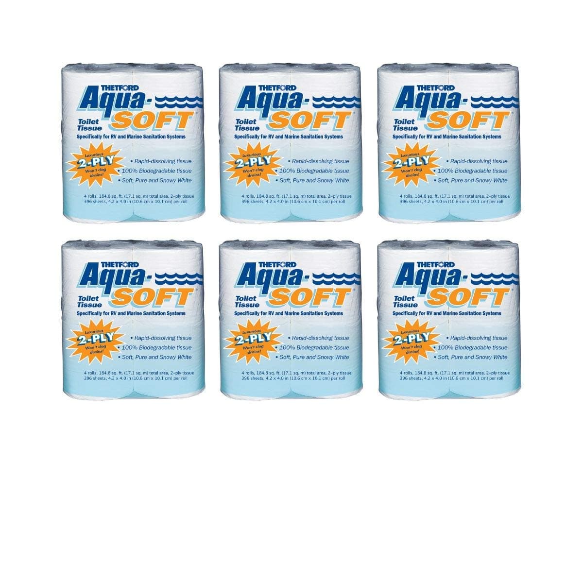 Aqua-Soft Toilet Tissue - Toilet Paper for RV and marine - 2-ply 4 Rolls Thetford 03300 (6 Pack)