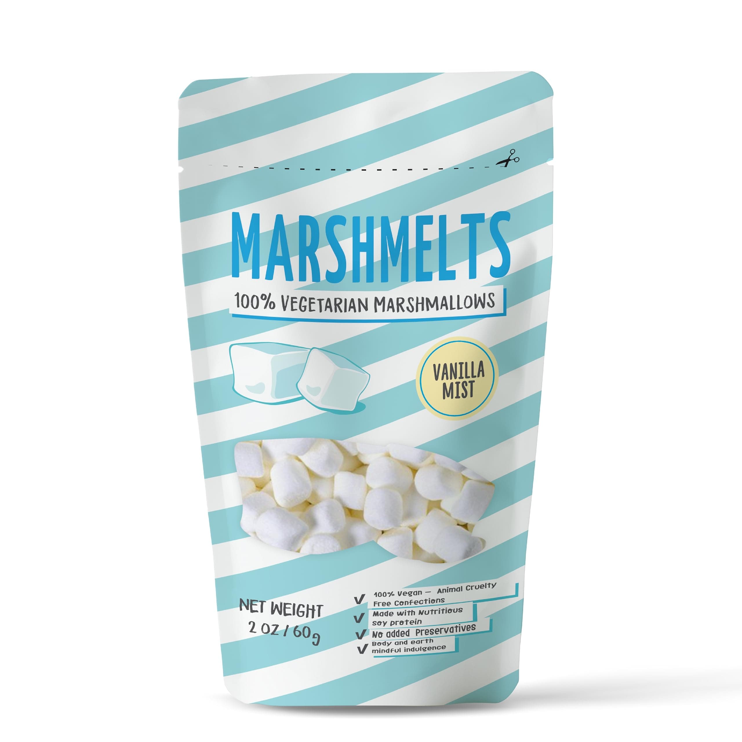 Marshmelts Gourmet Marshmallows 60gm | Soft, Fluffy & Cylindrical Shape | Vanilla Mist Flavor | Mini Marshmallow | Vegetarian, Trans Fat & Gluten-Free | Candy For Kids | No Added Preservatives
