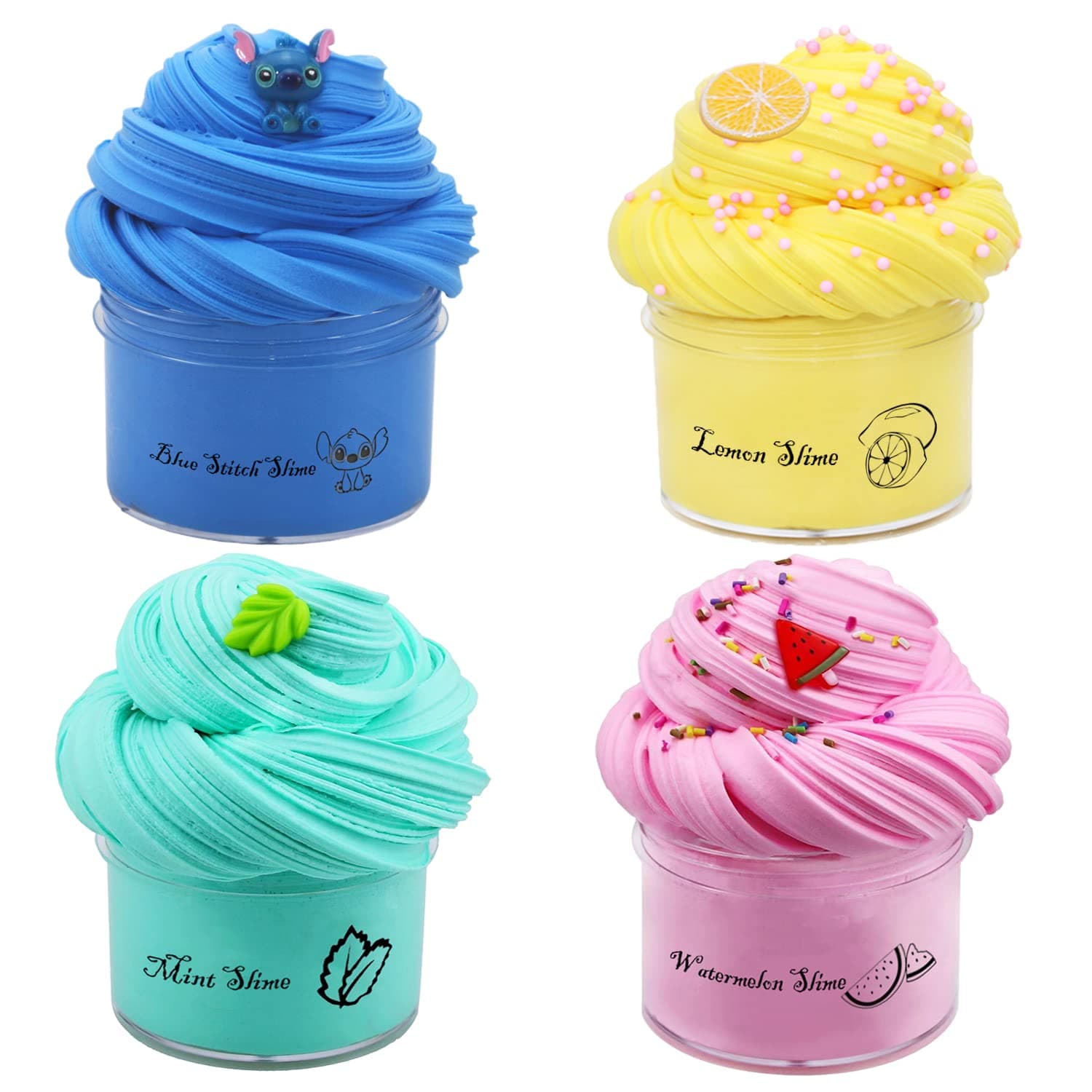 Magictoy 4 Pack Butter Slime,Yellow Lemon,Blue Stitch,Pink Watermelon and Mint Green Slime,Super Soft and Non-Sticky, Party Favors for Boys and Girls