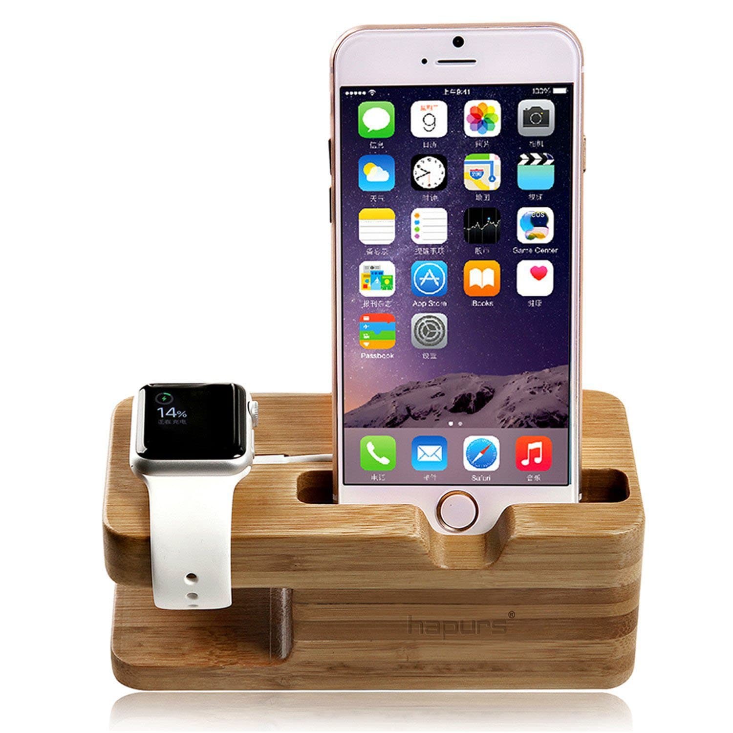 Apple Watch Stand, Hapurs iWatch Bamboo Wood Charging Dock Charge Station Stock Cradle Holder for Apple Watch Both 38mm and 42mm & iPhone 6 6 Plus 5S 5