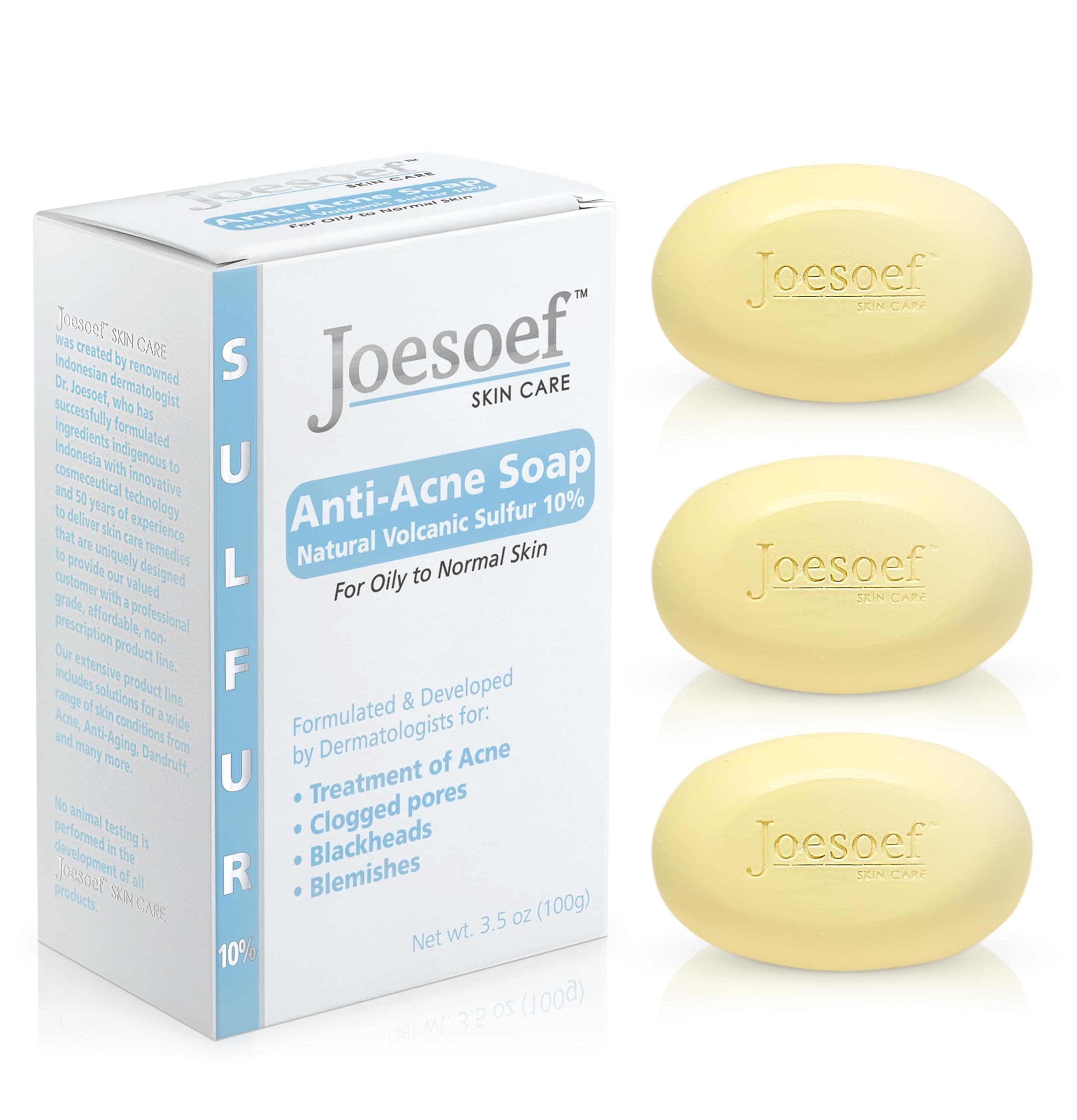 Joesoef Anti-Acne Soap, Natural Volcanic Sulfur 10%, for Oily to Normal Skin, 3.5-Ounces (Pack of 3)