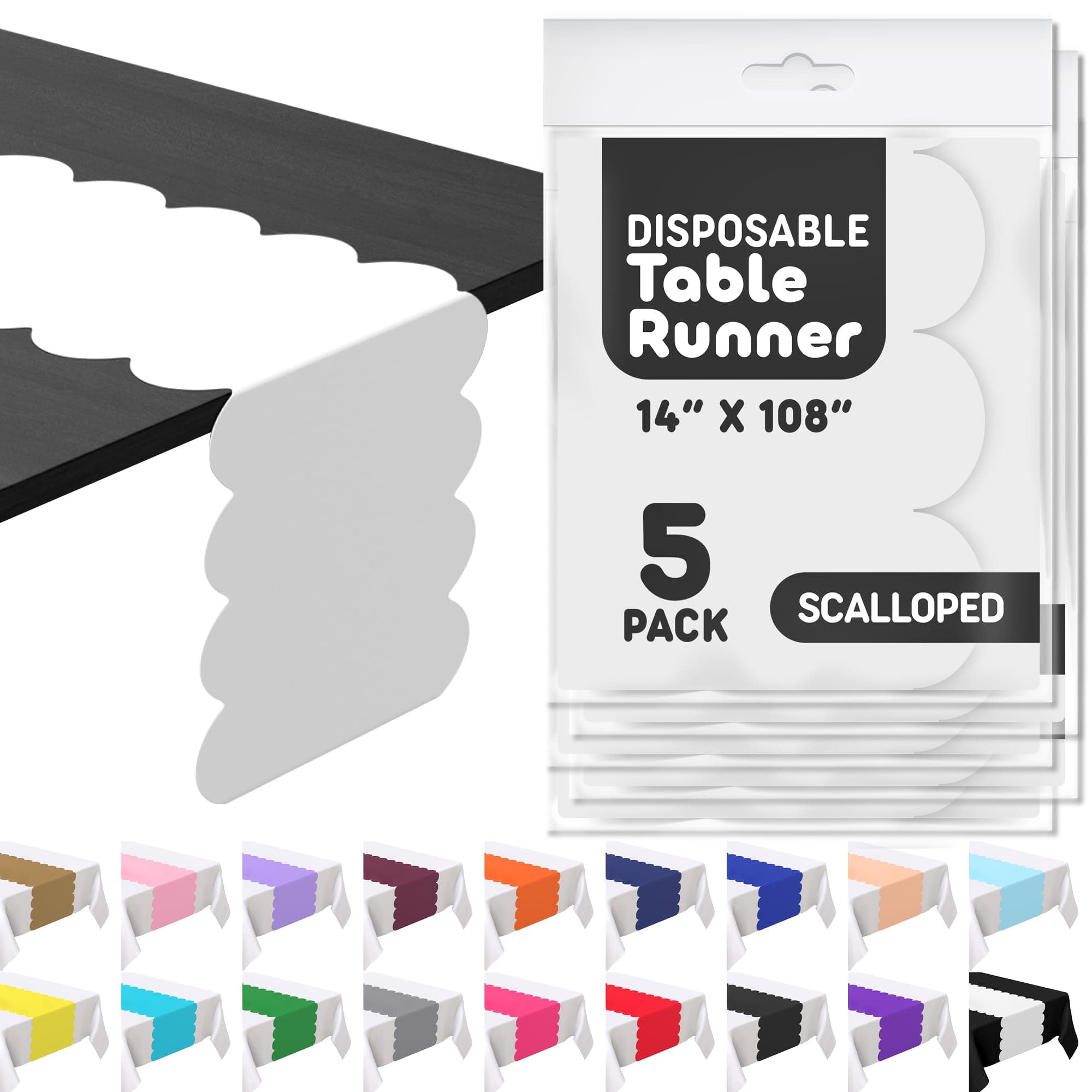 White Plastic Disposable Table Runner. 5 Pack 14 x 108 inch. Scallop Table Runner Adds A Pop of Color to Your Party Table, by Swanoo