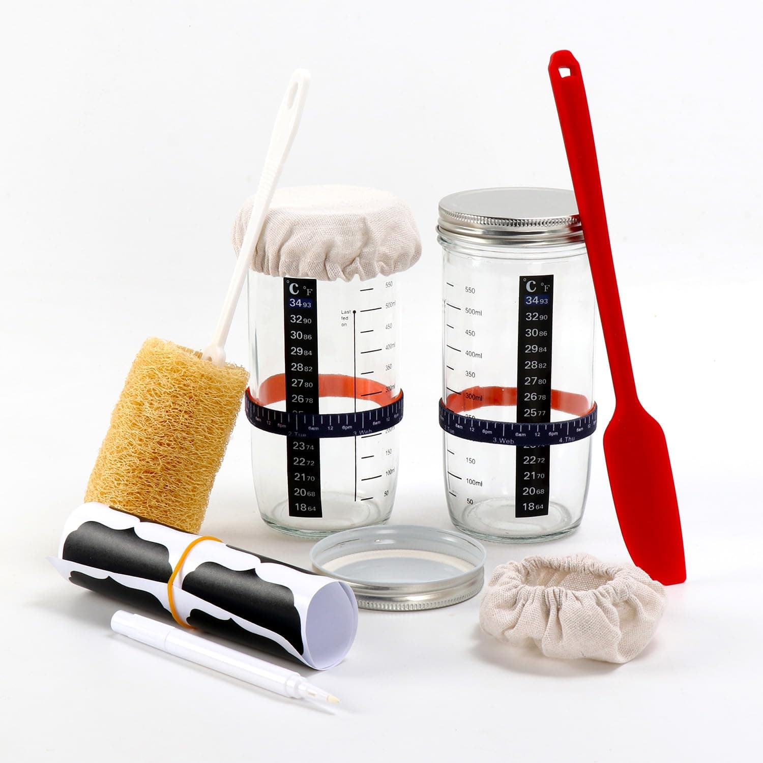 surebuy Sourdough Starter Jar Set Contains 2X Premium Sourdough Jar with Lid Cloth Cover - Silicone Jar Spatula,Chalkboard Labels,Cleaning Cloth For Fermentation, Storage & Preserving 550 to 730ML
