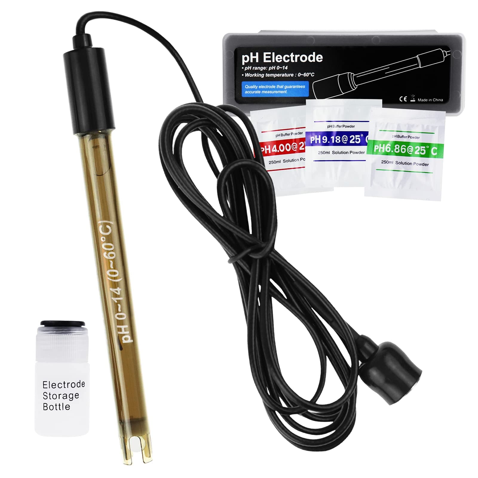 GAIN EXPRESS Replacement pH Electrode with Calibration Powder, 0-14 pH Highly Accurate Probe with BNC Connector & 200cm Cable for Continuous Liquid Measurement
