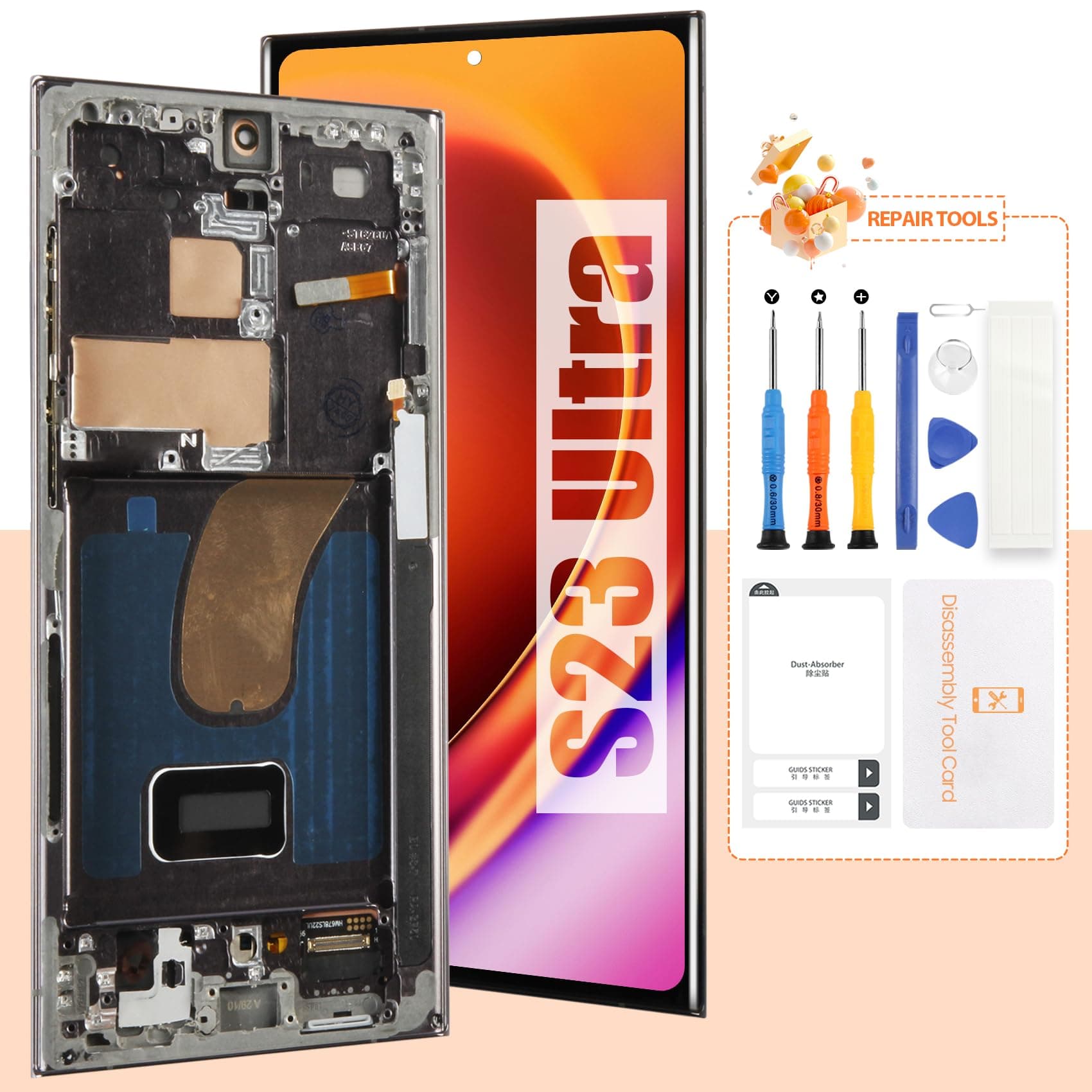 OLED Screen for Samsung Galaxy S23 Ultra LCD Screen SM-S918B Touch Screen Digitizer Assembly Replacement Parts with Frame (with Fingerprint Function) (Only Compatible with