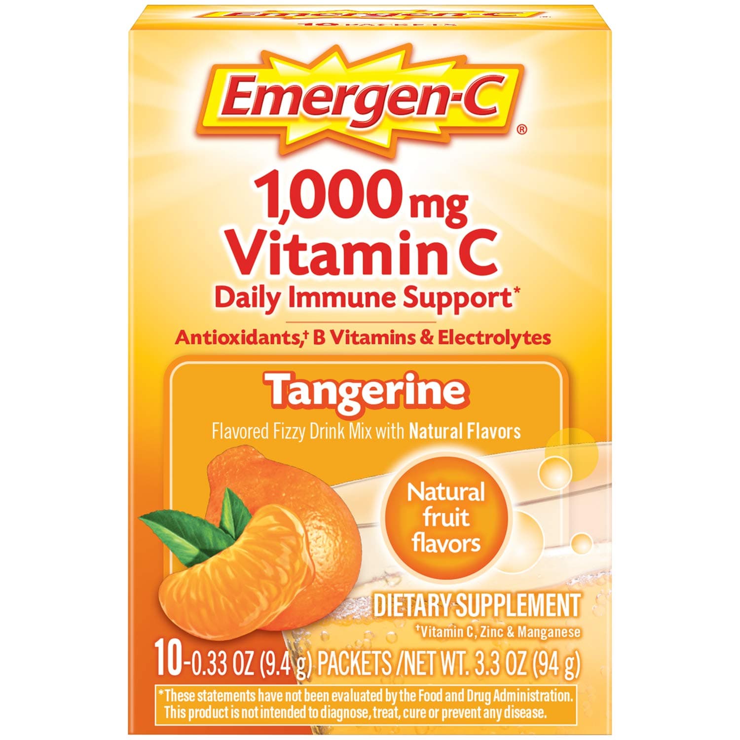 Emergen-C 1000mg Vitamin C Powder, with Antioxidants, B Vitamins and Electrolytes, Vitamin C Supplements for Immune Support, Caffeine Free Fizzy Drink Mix, Tangerine Flavor - 10 Count