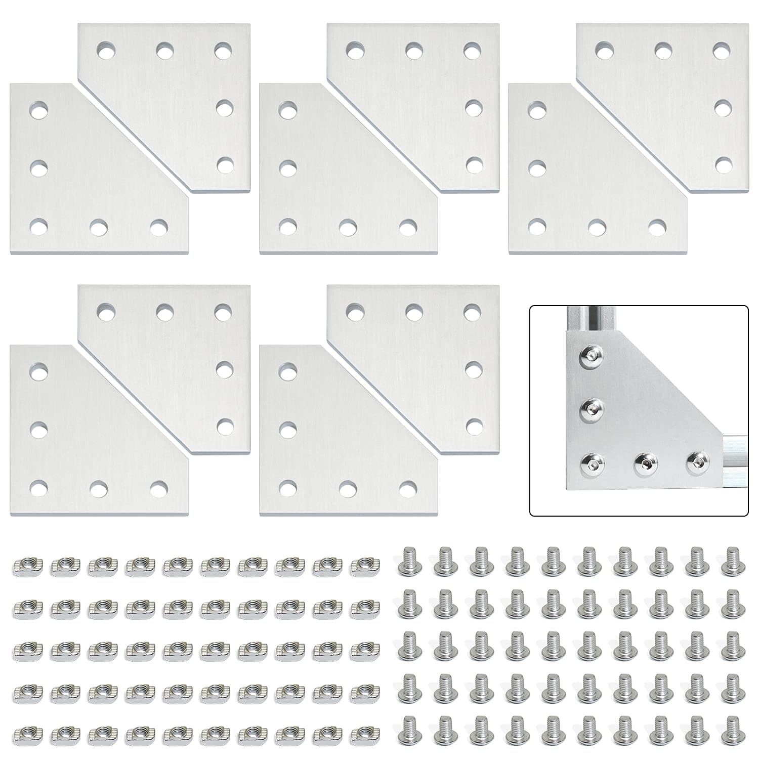 10pcs Aluminum Alloy T Slot L Shape Joining Plate and 50pcs M5x8 Hex Screw and 50pcs T Nut for 2020 Series Aluminum Profile
