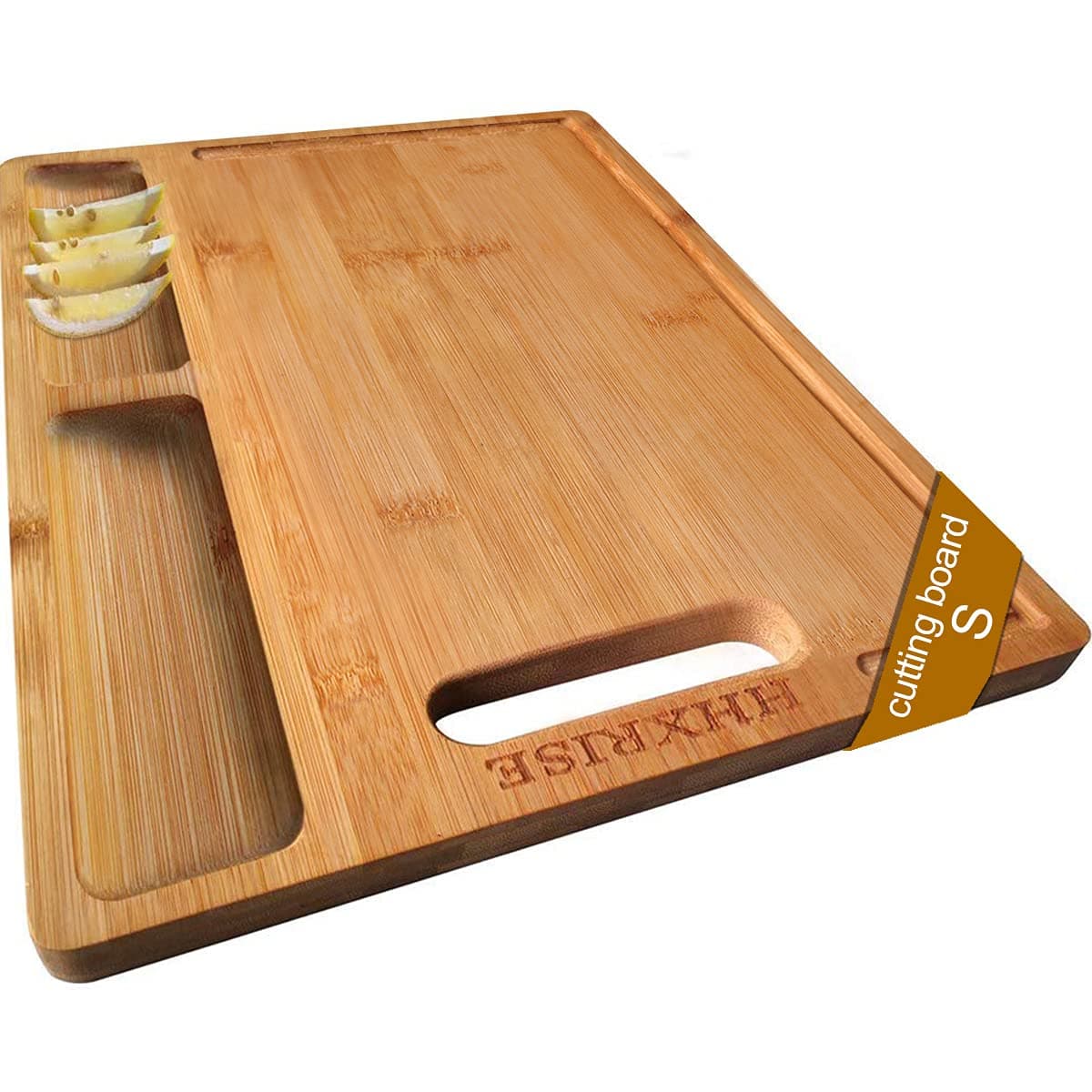 HHXRISE Organic Bamboo Cutting Board For Kitchen, With 2 Built-In Compartments And Juice Grooves, Chopping Board For Meats Bread Fruits, Butcher Block, Carving Board, BPA Free (S-12x8.4")