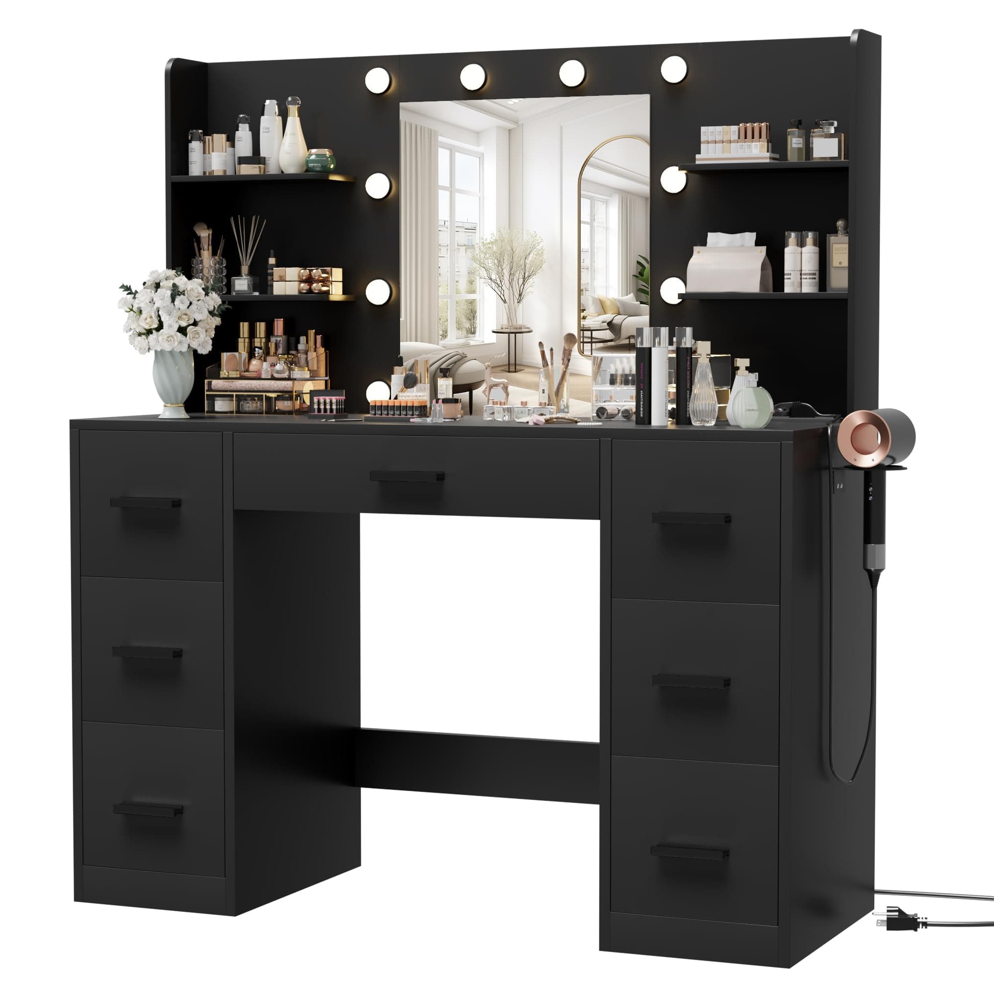 Furmax Vanity Desk with Mirror, LED Lights and Power Outlet Makeup Vanity Table with 7 Drawers and 6 Storage Shelves Dressing Table for Bedroom Dressing Room (Black)