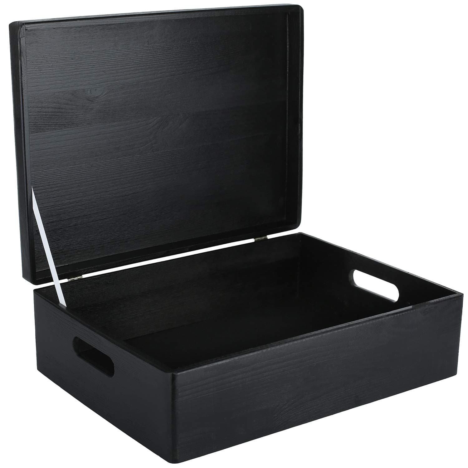 XL Black Wooden Box Storage with Hinged Lid | 15.8x11.8x5.5in (+-0.5) | Keepsake with Handles | Gift Box for Tool Dog Toy Kitchen Storage | Wood Chest Trunk