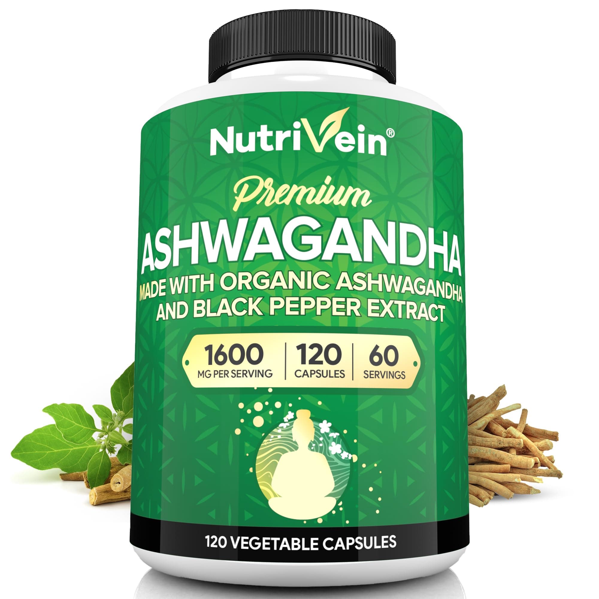 Organic Ashwagandha Capsules with Black Pepper Extract (1200mg,120 Pills)