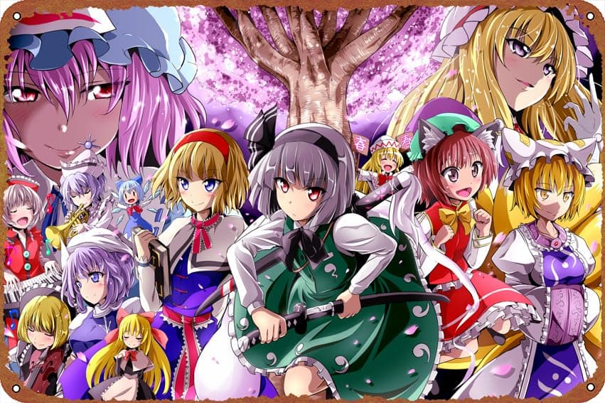 Touhou Youmu Konpaku Yukari Yakumo Letty Whiterock Yuyuko Saigyouji Ran Yakumo Lunasa Prismriver Merlin Prismriver Chen Cirno Lily White Lyrica Prismriver Hourai Metal Tin Sign Garage Sign Wall Decoration Old Car Shop Movie Poster Oil Station Sign 8 × 12 inches